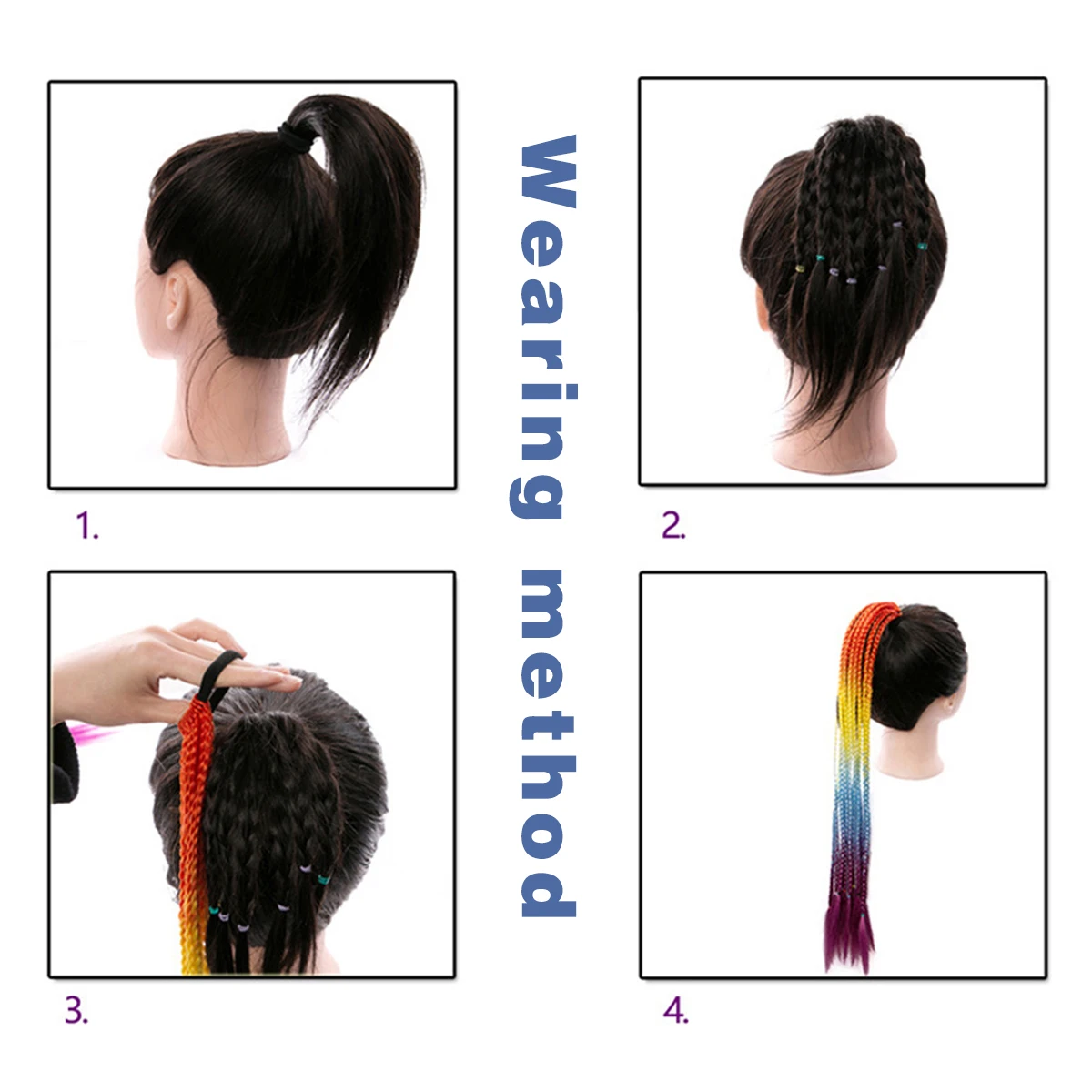 ที่ยืดผมถักเปียสีรุ้งสังเคราะห์สีสันสดใสพร้อมแถบยาง-เครื่องประดับผมทันสมัยเพื่อความสนุกสนานและดูมีชีวิตชีวา