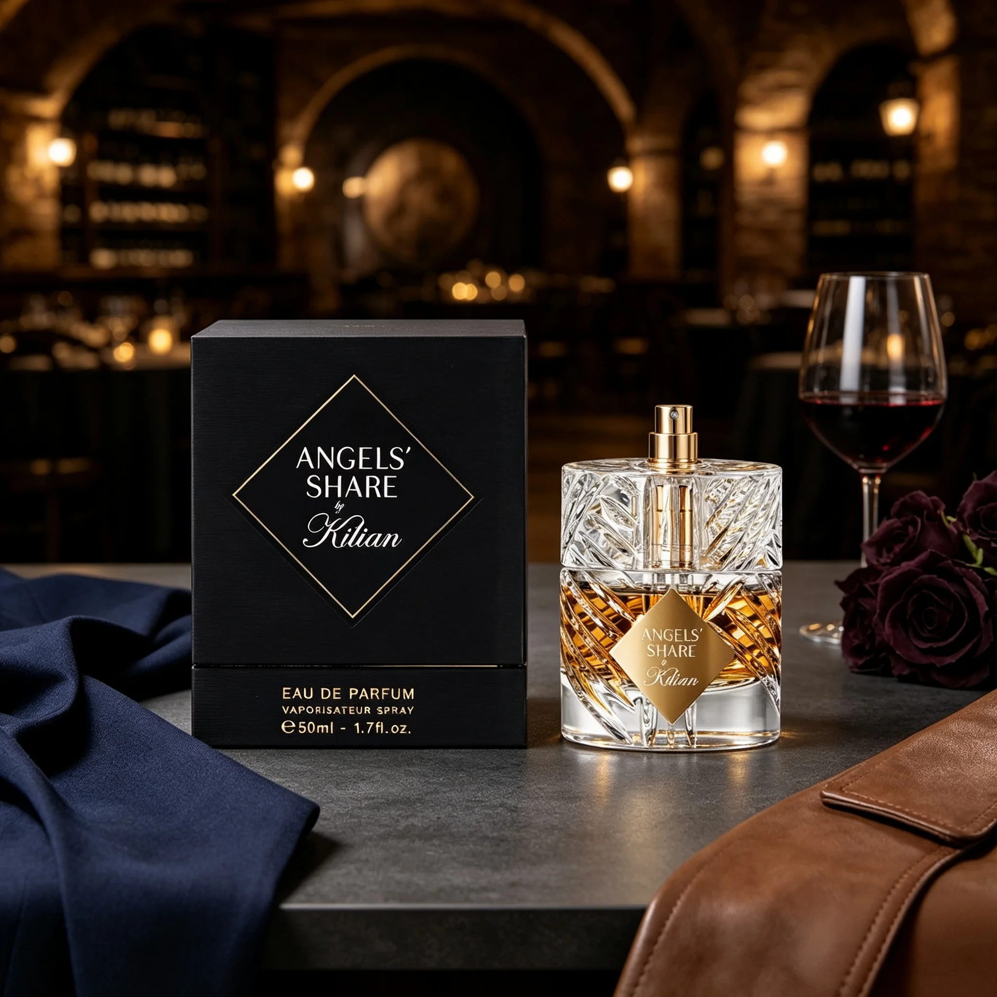 Angels’ Share by Kilian Gender Neutral Perfume Complete Matte Black Diamond Embossed Gift Box Sculpted Wheat Cut Crystal Vessel Shiny Gold Square Plate Top Warm Boozy Caramel Whiskey Fragrance Blogger Aesthetic Travel Unisex Salon Perfume view 3