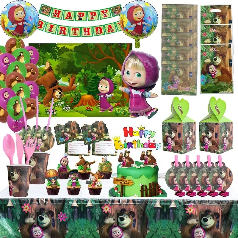Décorations de fête d'anniversaire à thème fille et ours, drapeau de gâteau, serviette, boîte à bonbons, ballon d'arrière-plan, fournitures de fête pour enfants Masha et l'ours