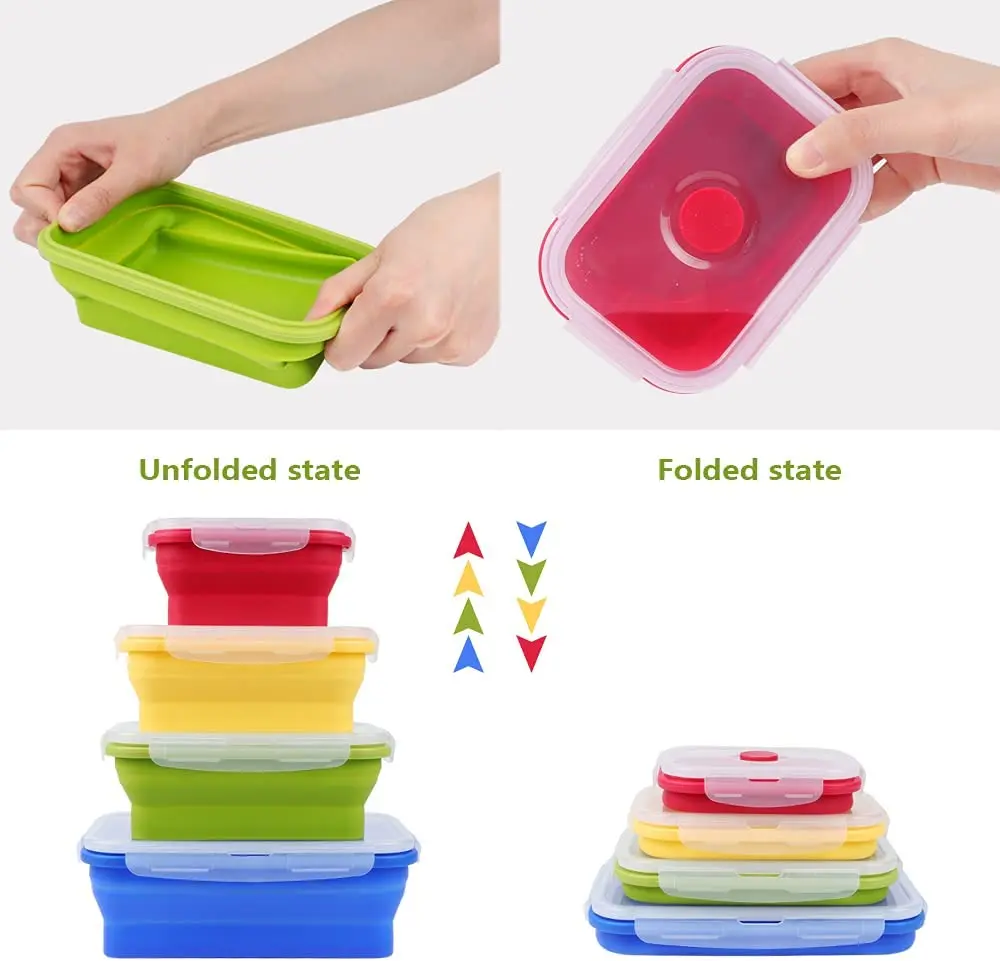 Collapsible Food Storage Containers - 4 Pack Silicone Bento Lunch Boxes, Reusable BPA-Free and Microwave Safe Lunch Containers