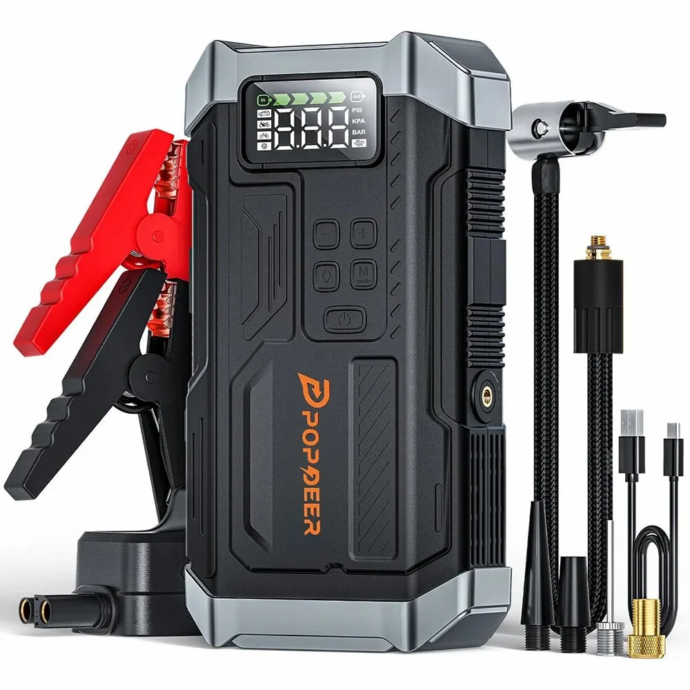 POPDEER PD-JA3 5000A 4-in-1 Starthilfe, 150PSI Luftkompressor, 12V USB-Powerbank mit LCD-Display, 10L Benzin/8L Diesel