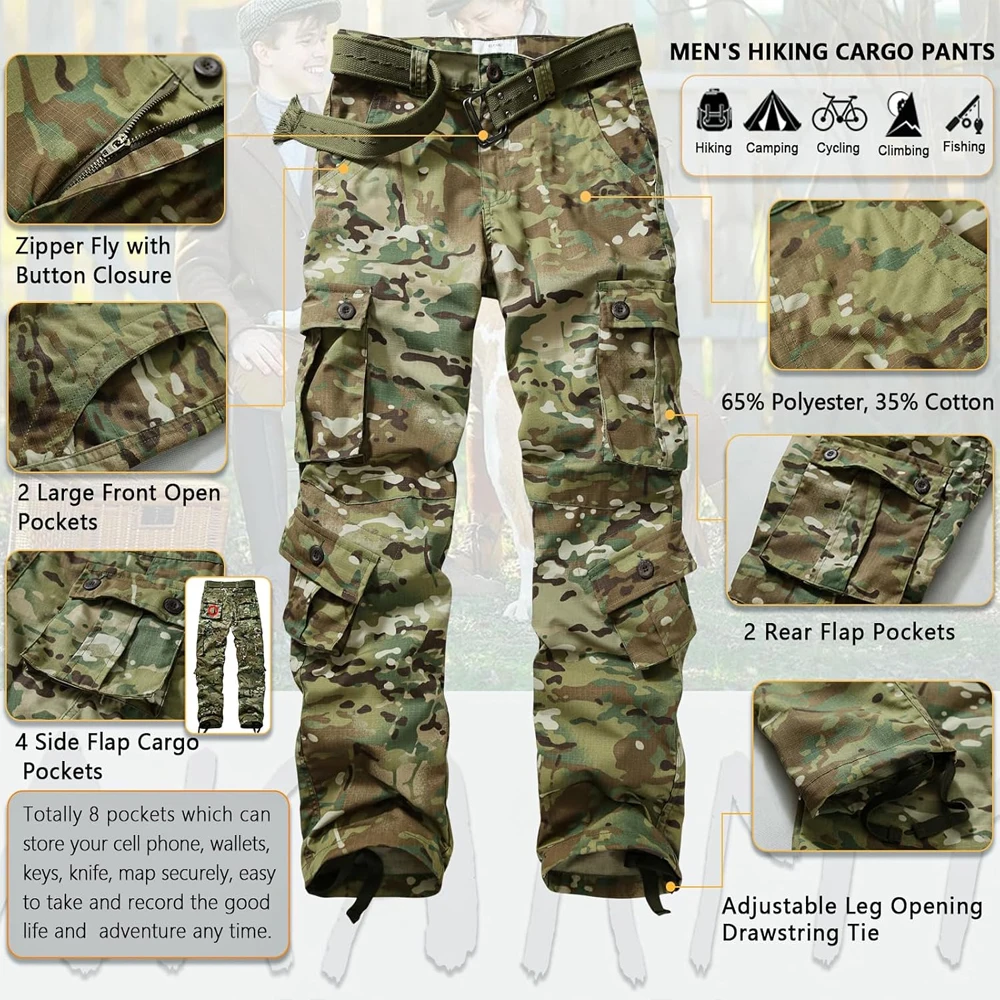 ARARMY Outdoor Multi-Pocket Men Cargo Pants Long Fit Tactical Ripstop Camouflage Men Cargo Pants With Pockets for Work SlimKhaki