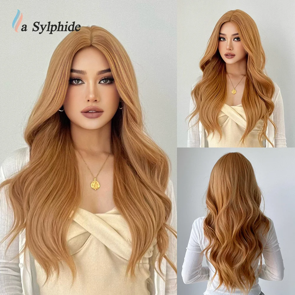 La Sylphide Long Wave Middle Part Synthetic Wig Golden Blonde Wig Cosplay Daily Natural Woman Wigs Heat Resistant Hair