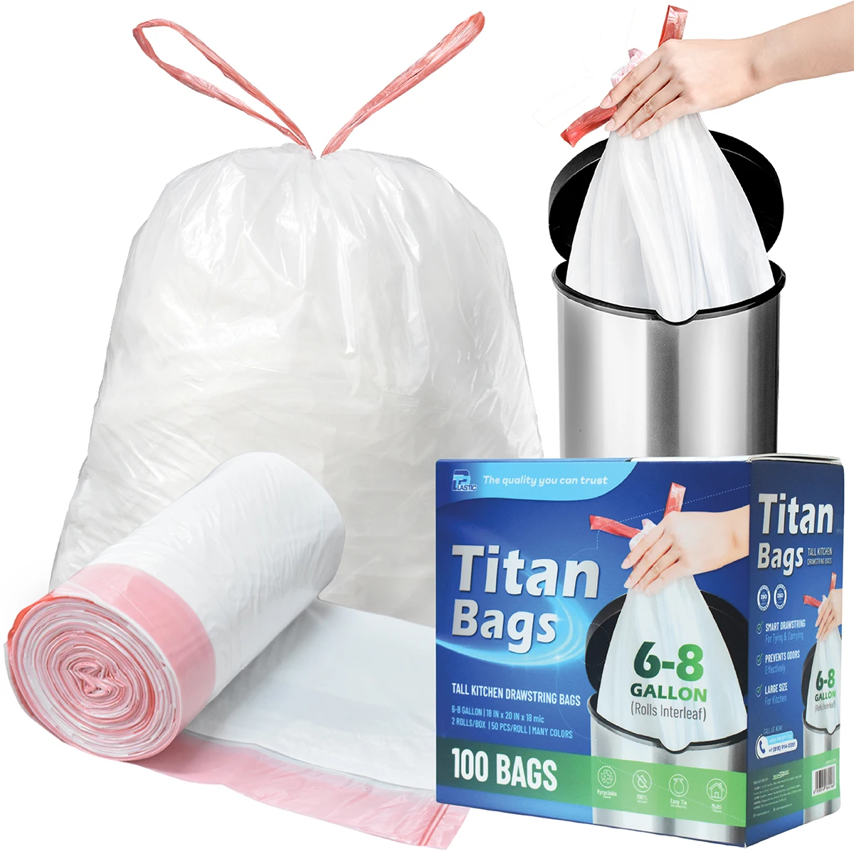 

Heavy Duty Drawstring Trash Bags, 100pcs, 20x22in, 18 Mic, Semi-Transparent, Strong & Durable, Leakproof, Easy Tear