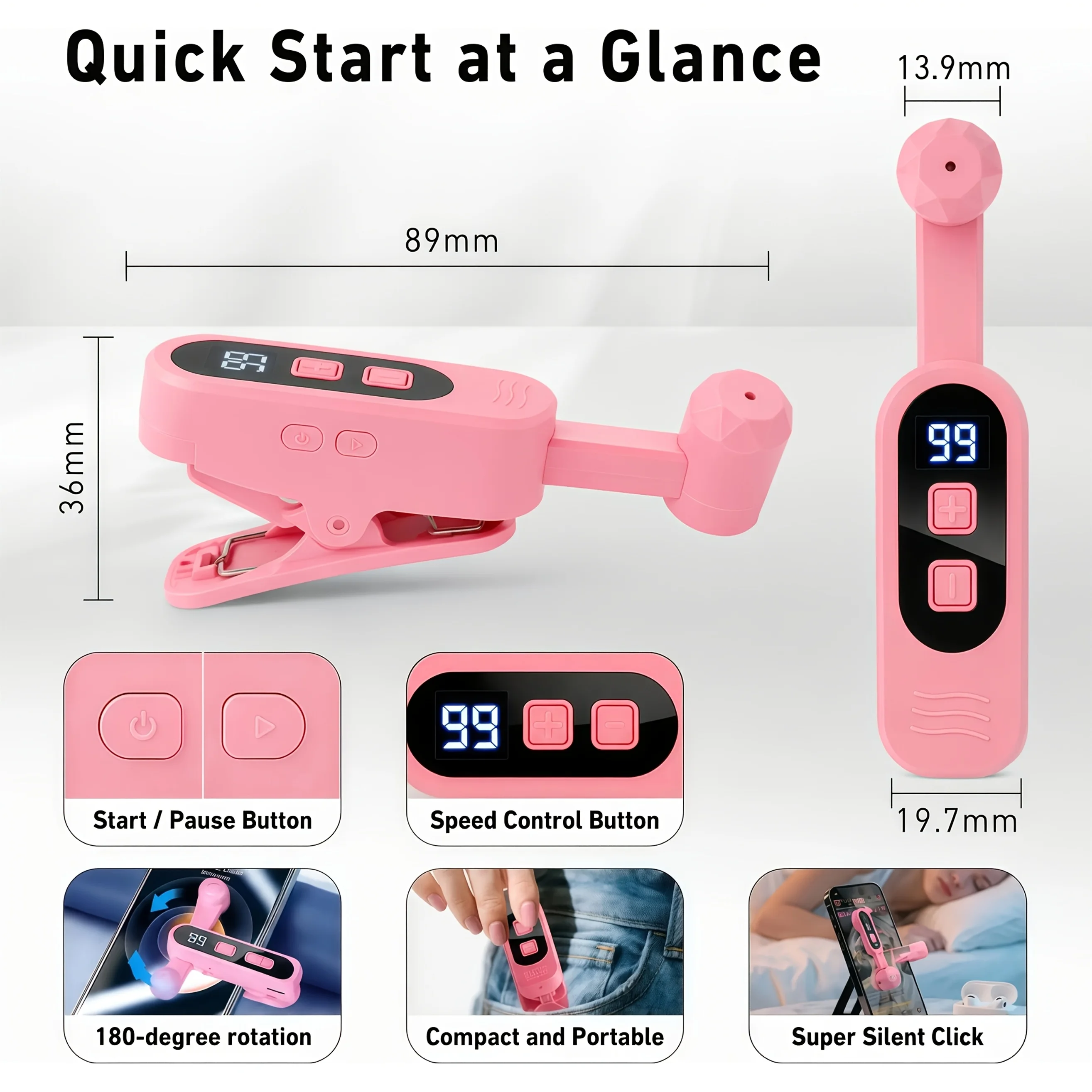Universal Smartphone Auto Clicker Clip-on Screen Tapper with 99 Adjustable Speeds Quiet Rechargeable Continuous Tapping Device for Live Stream Likes Social Media No App Needed
