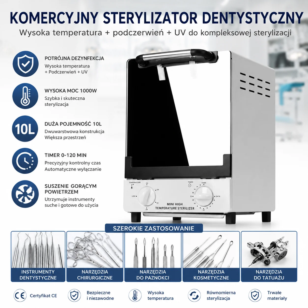 1000W 10L Kommerzieller Dental-Sterilisationsschrank, aufrechter Einzeltür-Hochtemperatur-Infrarot-Desinfektionsschrank für Dentalinstrumente, chirurgische Werkzeuge und Ausrüstung für Zahnkliniken