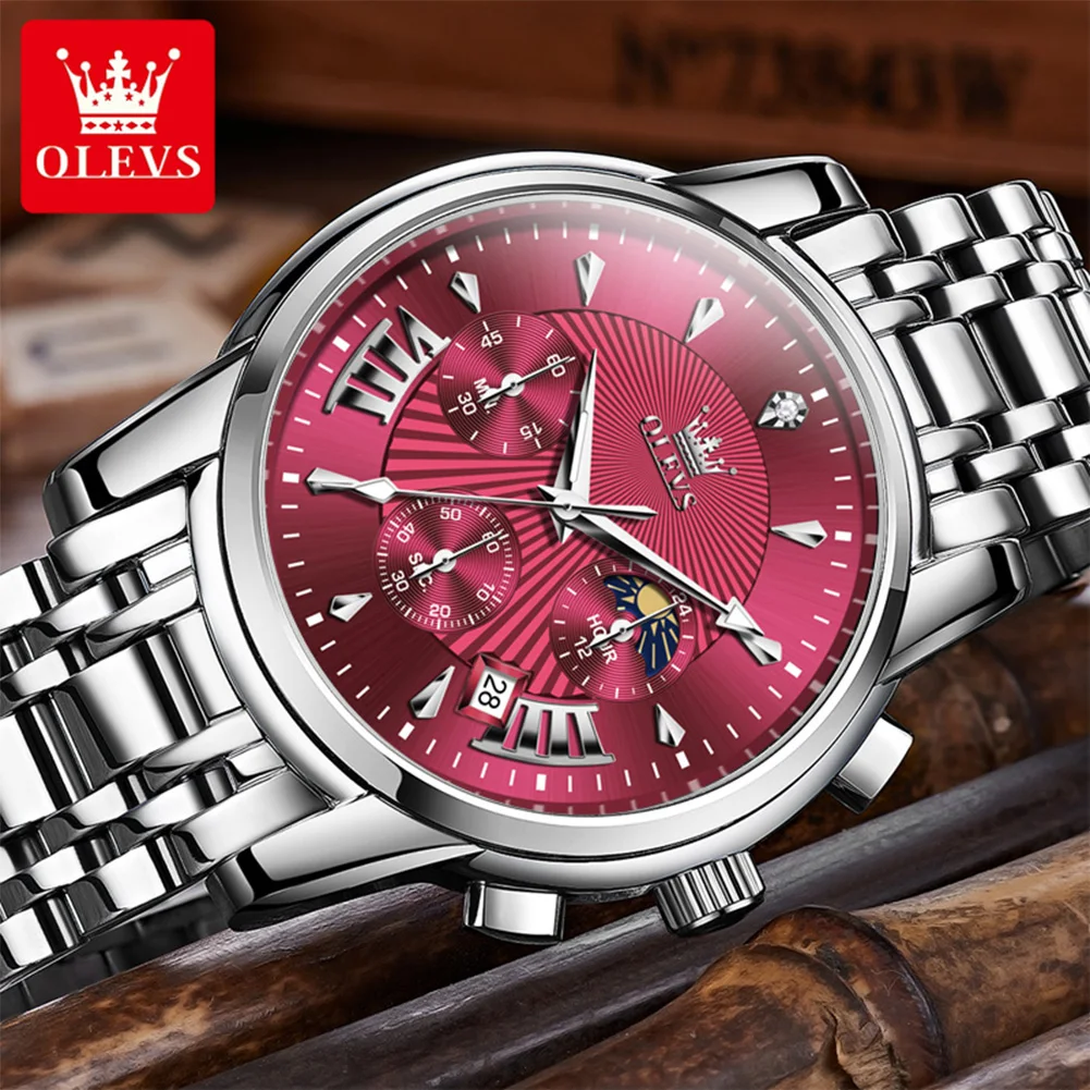 OLEVS 2892, мужские кварцевые часы, роскошные водонепроницаемые светящиеся хронографы, классические деловые часы с фазой Луны, Рождественский подарок