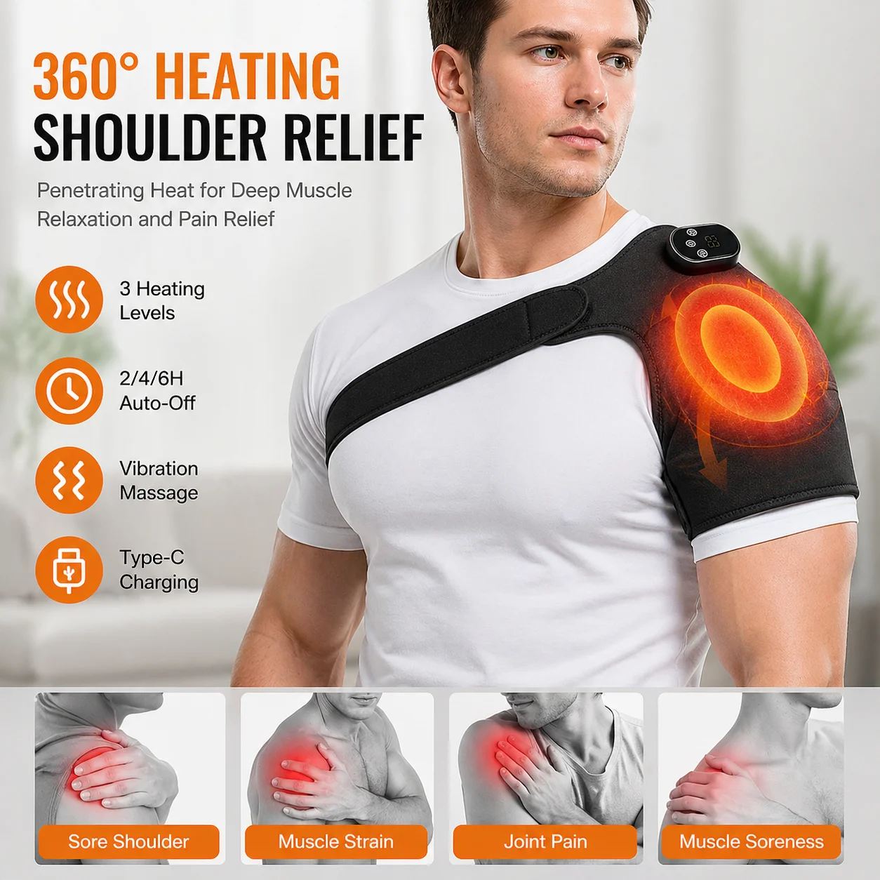 

Adjustable Heat & Vibration Massager for Shoulders & Knees – 5 Heating Levels (40–60°C), 3 Vibration Modes, Cordless & Rechargeable, Solid Front, Adjustable Velcro Fit, Deep Muscle Relaxation, Pain Relief, Portable for Home, Office, Gym, Travel