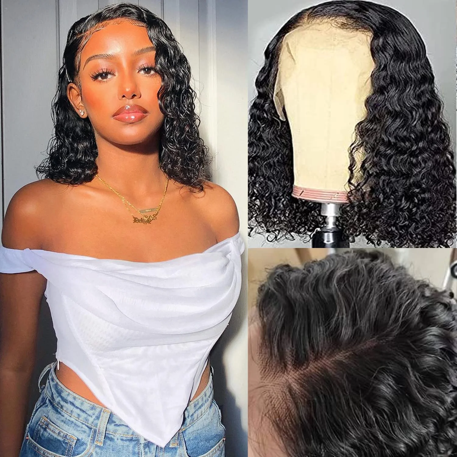 

Water Wave Glueless Wigs Bob 180 Density Transparent 13x4 Lace Front 100% Human Hair Wig Brazilian Hair Natural Color For Women