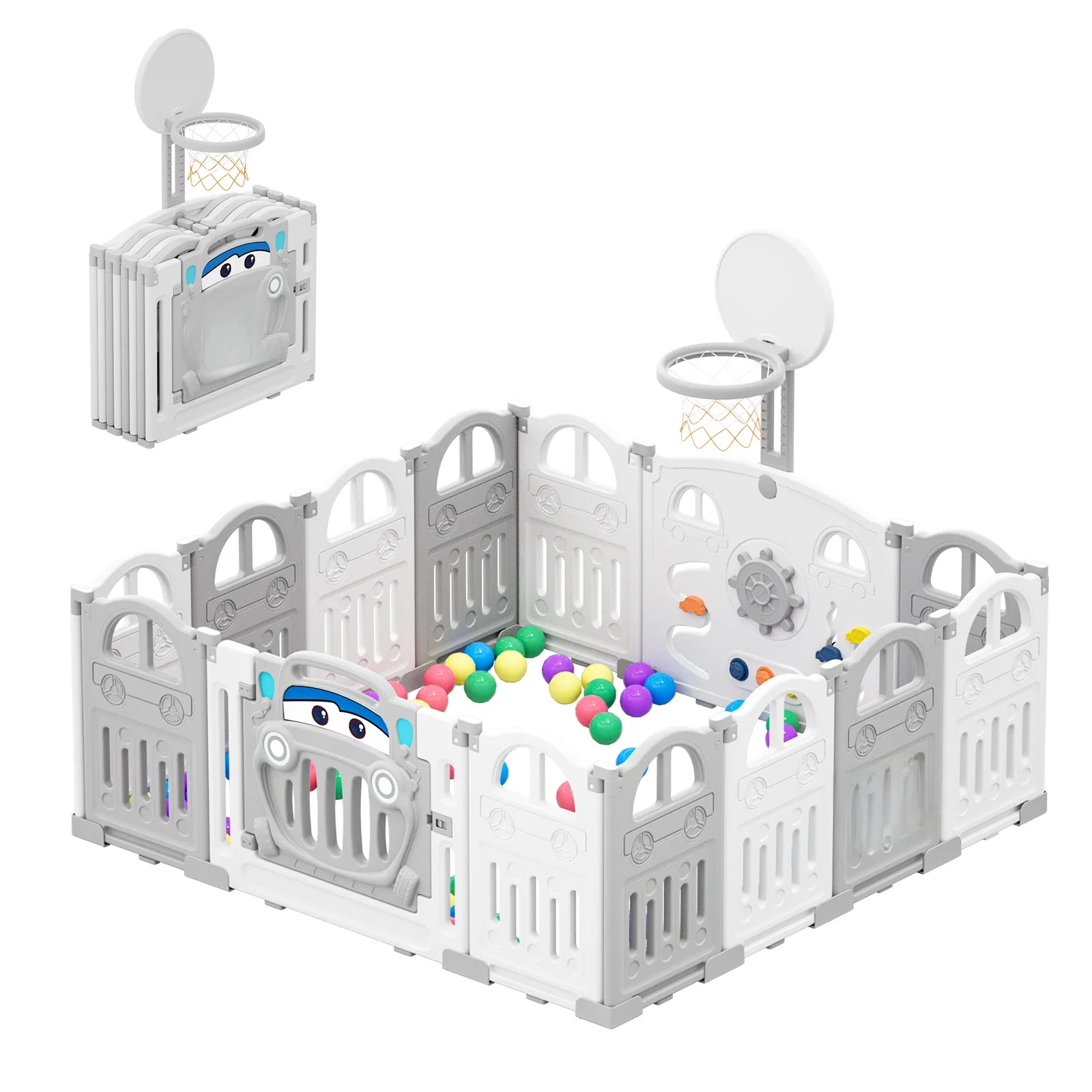 UBRAVOO faltbarer Baby-Laufstall mit Basketballkorb und 50 farbigen Pit-Bällen, Spielstiftzaun für Kleinkinder und Babys, 14 Panels