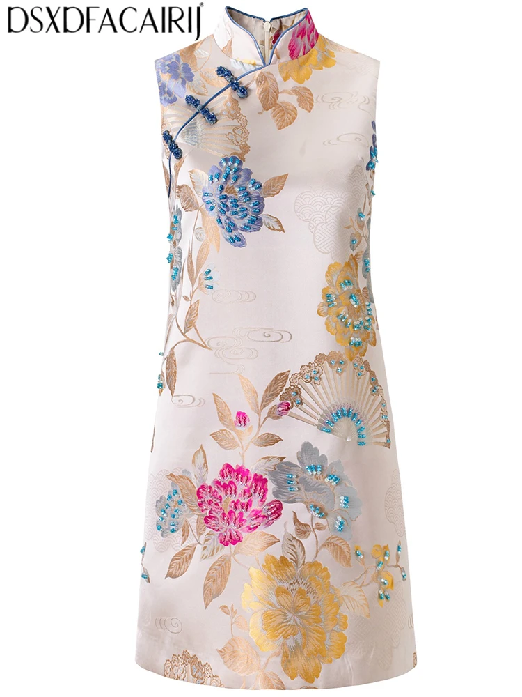 

DSFACAIRIJ Women's Stand Collar Sleeveless Relief Flower Beading Summer Chinese style Exquisite Cheongsam Mini Dresses