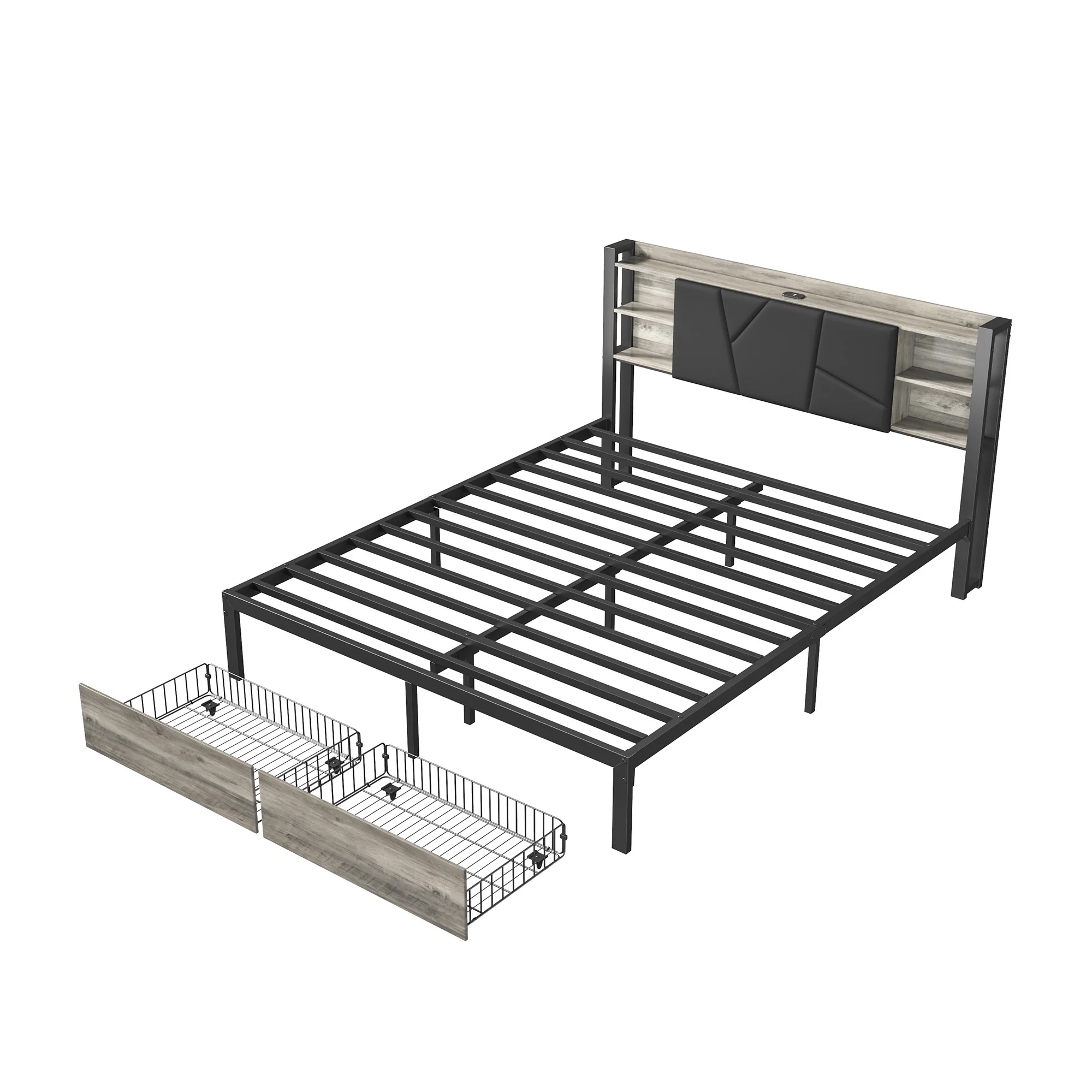 Polsterbett 140 x 200 cm, Doppelbett mit Stauraum, Metallbett Bettgestell mit Lattenrost, PU Bett Schwarz, Stauraumbett mit 2 Schubladen, Kopfteil mit Ablage, Jugendbett Funktionsbett, Schlafzimmer