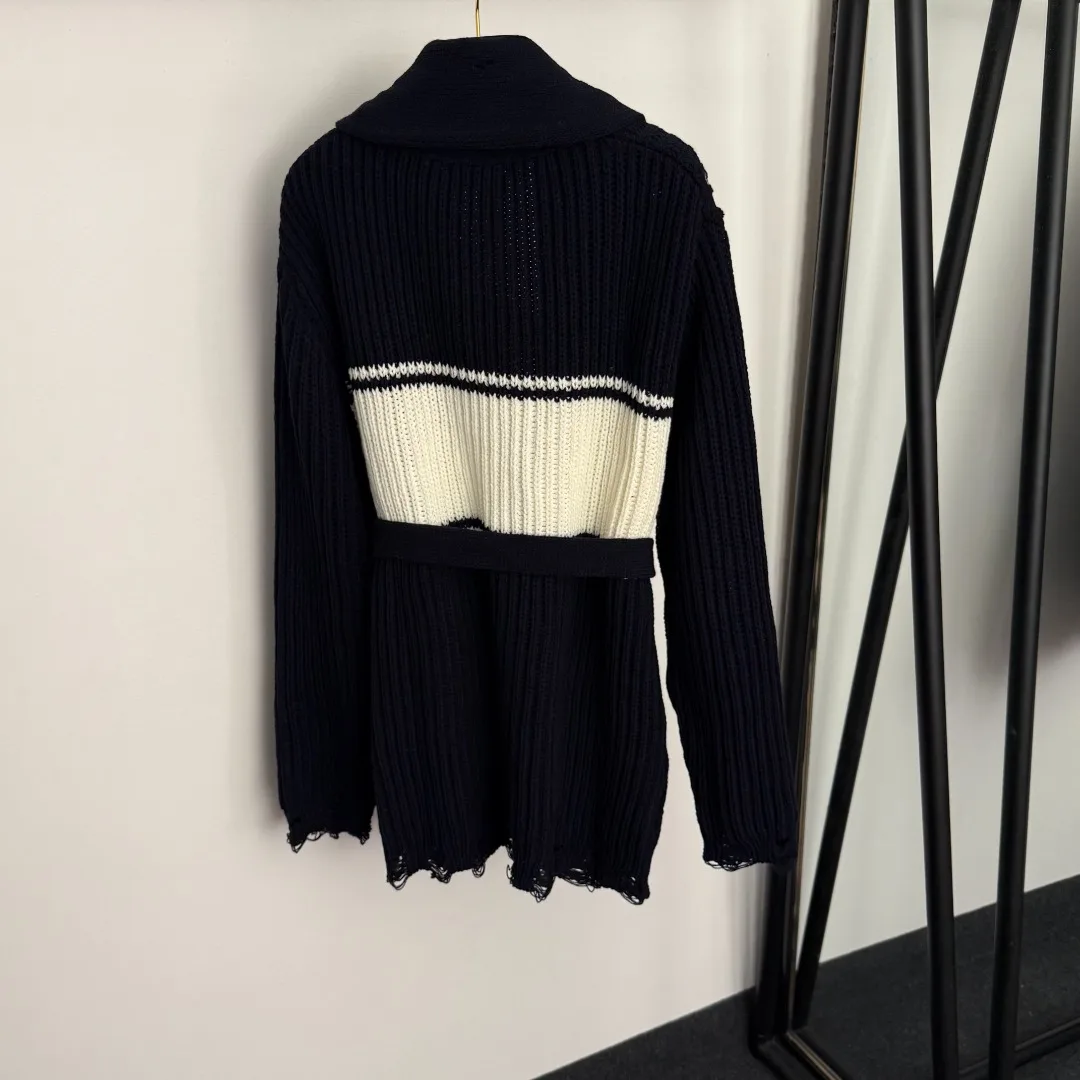 

High quality spring and summer women's lace up waist cinching color blocked long sleeved knitted cardigan HL055