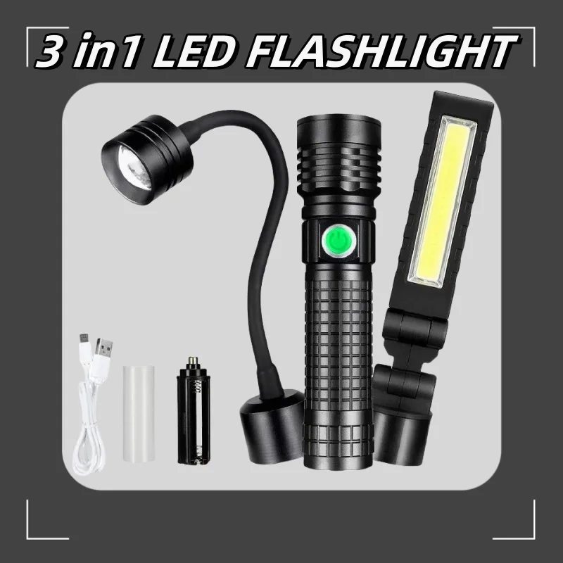 Skywolfeye 3 In 1 USB Rechargeable LED Flashlight Set Magnetic COB Work Light Torch for Workshop Car Repair Camping