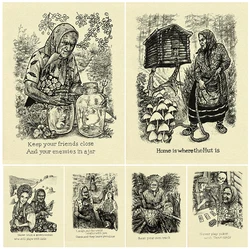 Baba Yaga Daily Life Vintage Wall Art Canvas Painting,Witches In Slavic Fairy Tales And Legends,Pencil Drawing Art Poster Print