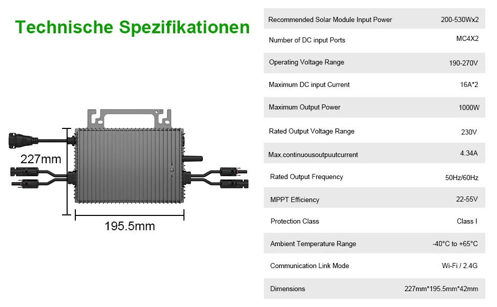 SUKFLOW 1000W Mikro-Wechselrichter, Solar-Mikro-Wechselrichter mit WLAN und Bluetooth, IP67 wasserdicht, mit 5m AC-Kabel für Balkon-Stromversorgung – Detail 6