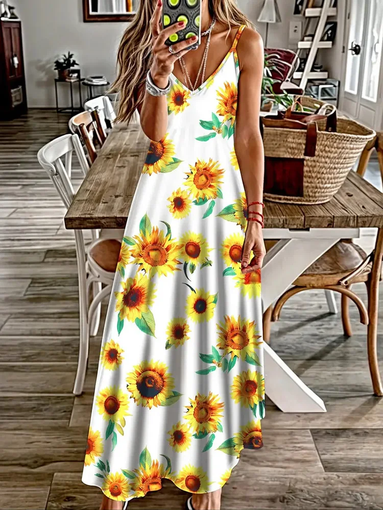 Sunflower Flower Print Sexy Suspender V-neck Dress Street Fashion Temperament Dress Long Evening Dress For Friends Party