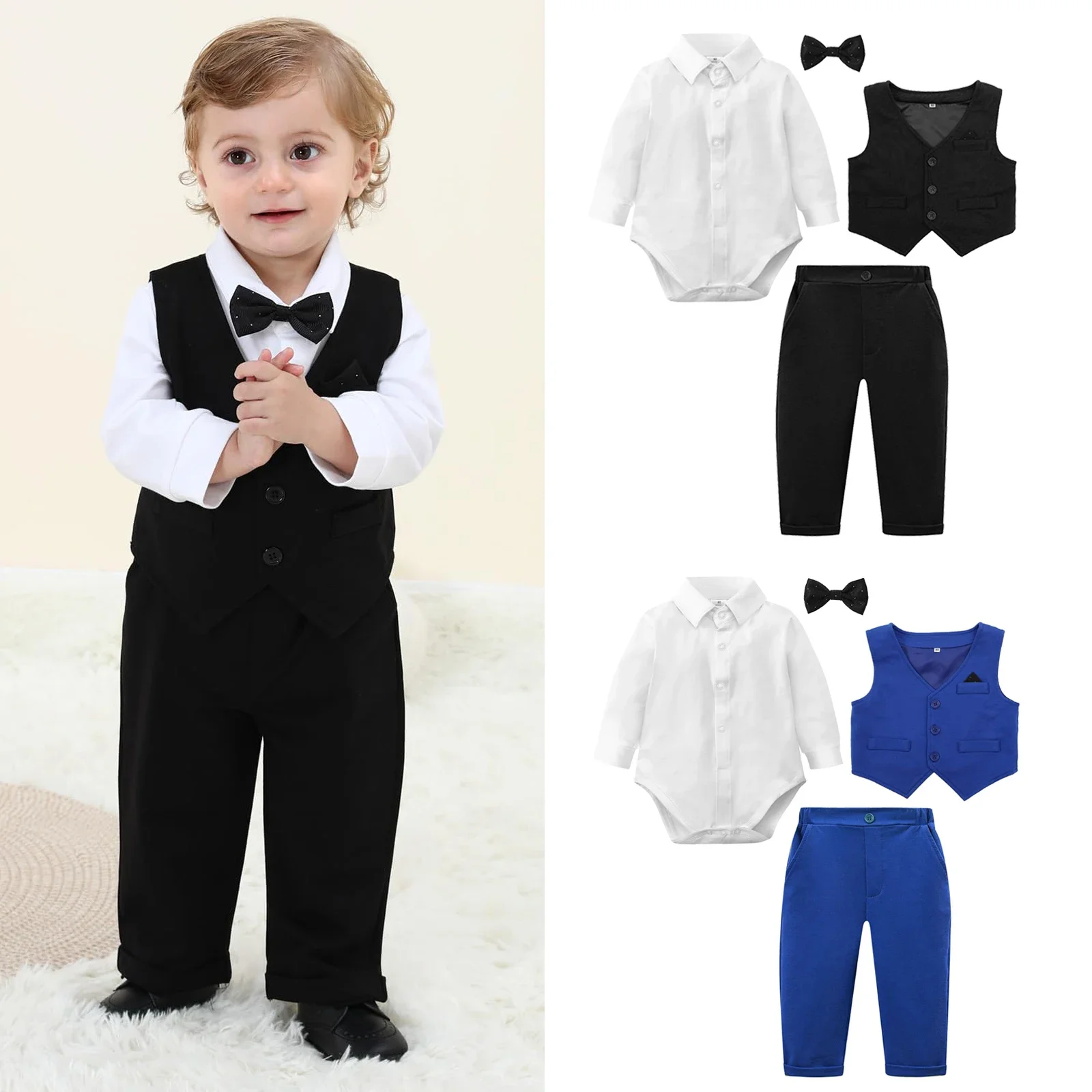 Costume pour bébé garçon, tenue formelle pour bébé, tenue de mariage, 1er anniversaire, body pour nouveau-né, gilet, pantalon, ensembles de vêtements pour hommes
