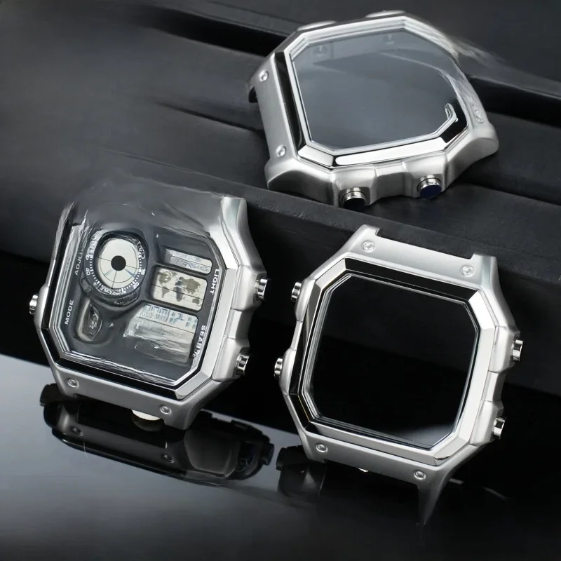 Dla Casio 3299 AE-1200WH etui na zegarek zmodyfikowane AE1200 etui na zegarek ze stali nierdzewnej metalowa obudowa z wodoodpornym pierścieniem czarny srebrny — 2