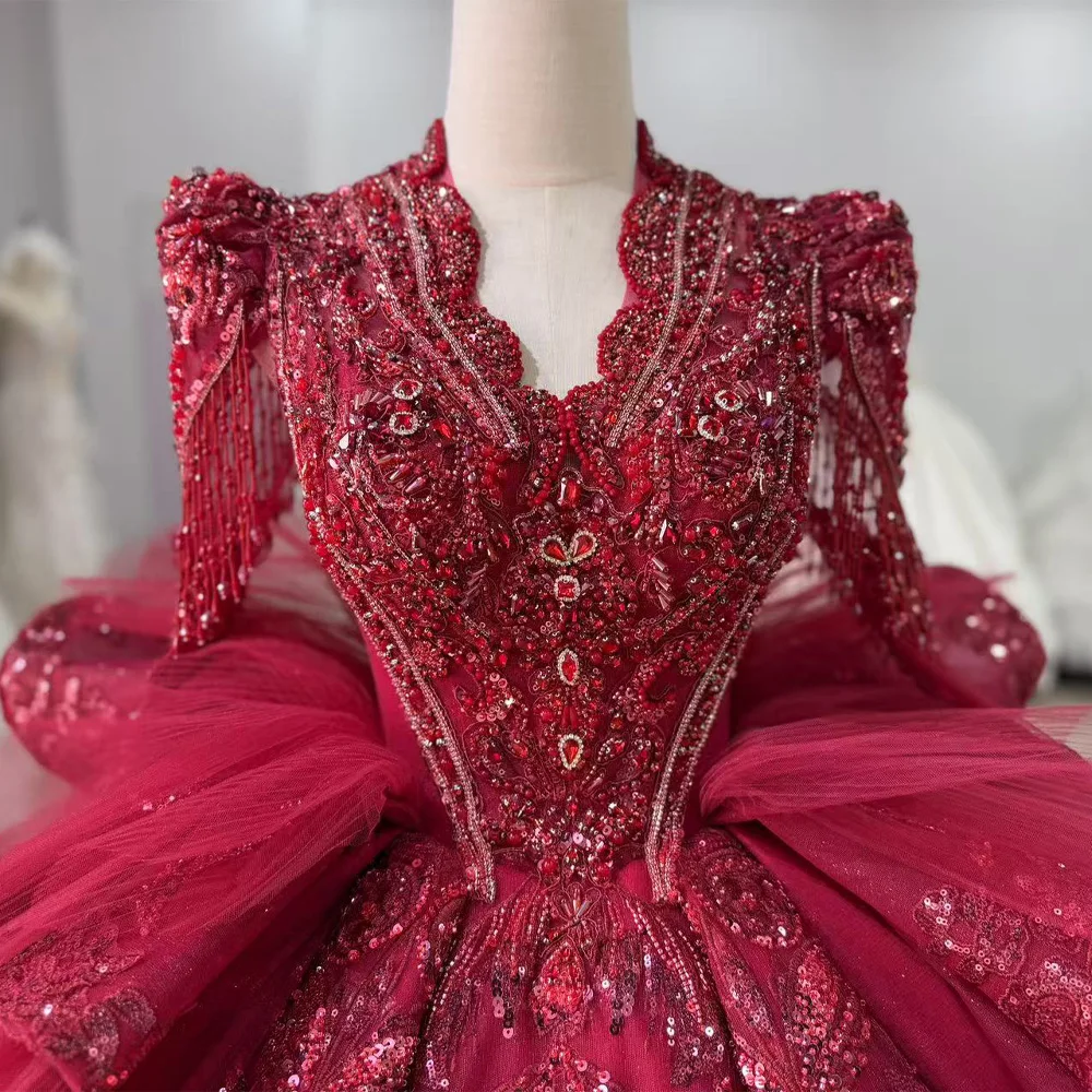 Lace Evening Dresses Luxury 2026 Long Sleeve Crystal Beaded Keyhole Back Red Long Dresses For Special Occasions