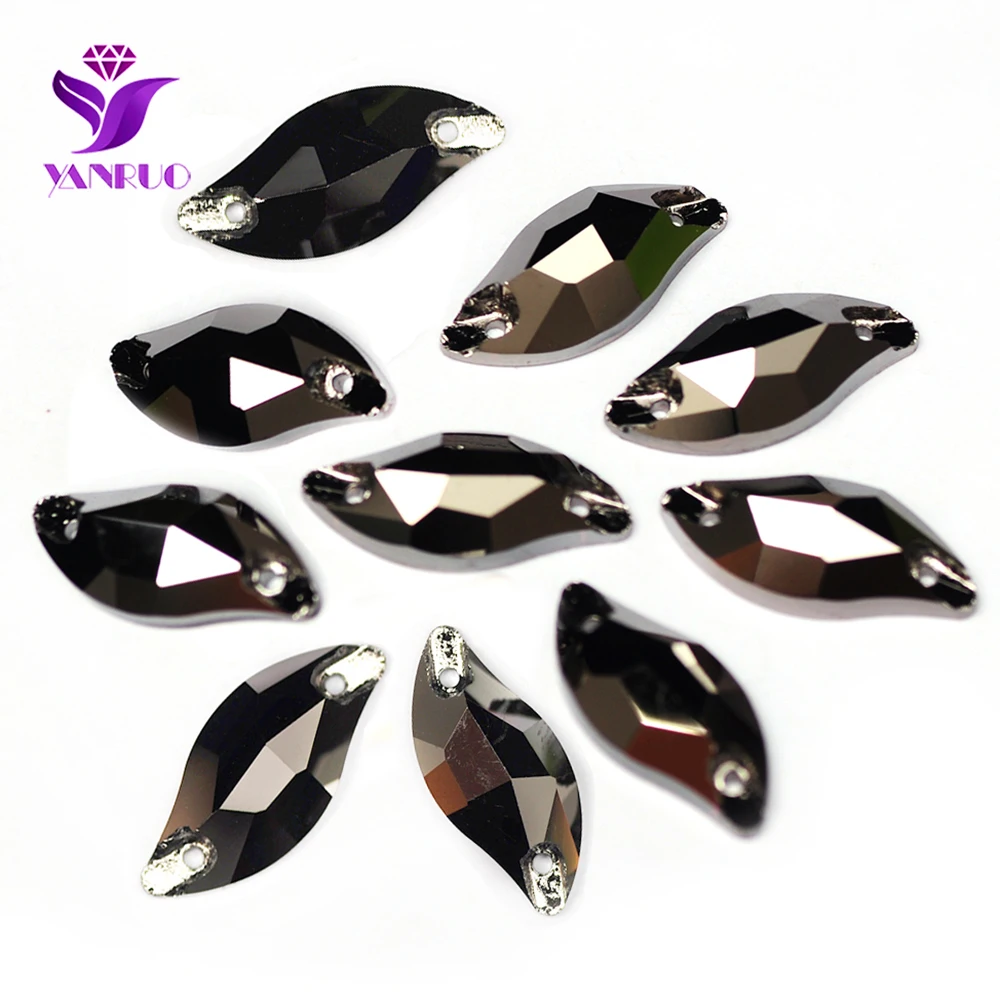 YANRUO 3254 Leaf Jet Hematite Glass Sewing Rhinestones FlatBack Crystal Needlework Applique Clothes Gems Decor Garment Leotard