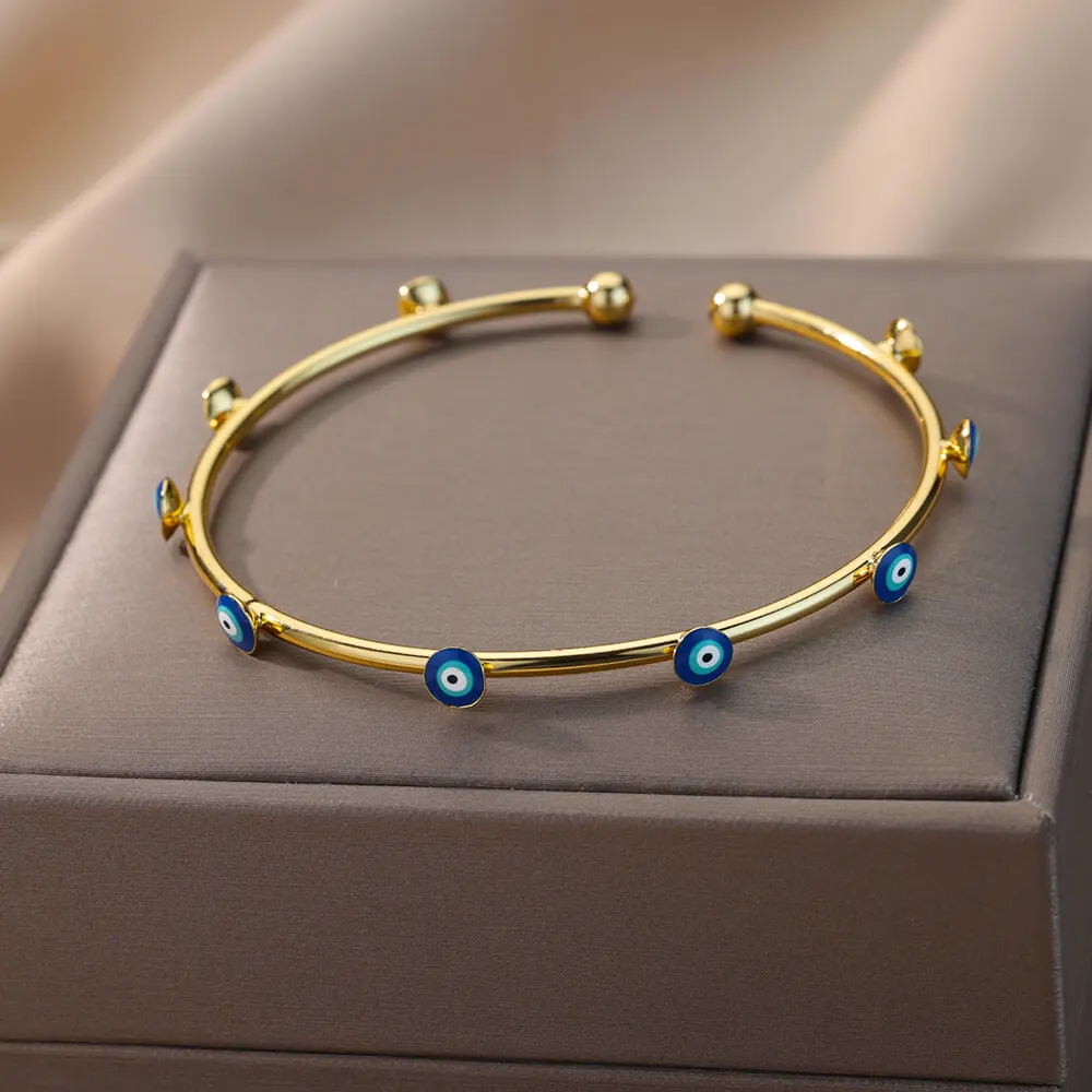 Blue Evil Eye Bangle Bracelet for Women Gold Color Stainless Steel Bracelets Luxury Couple Wedding Aesthetic Jewelry pulseras