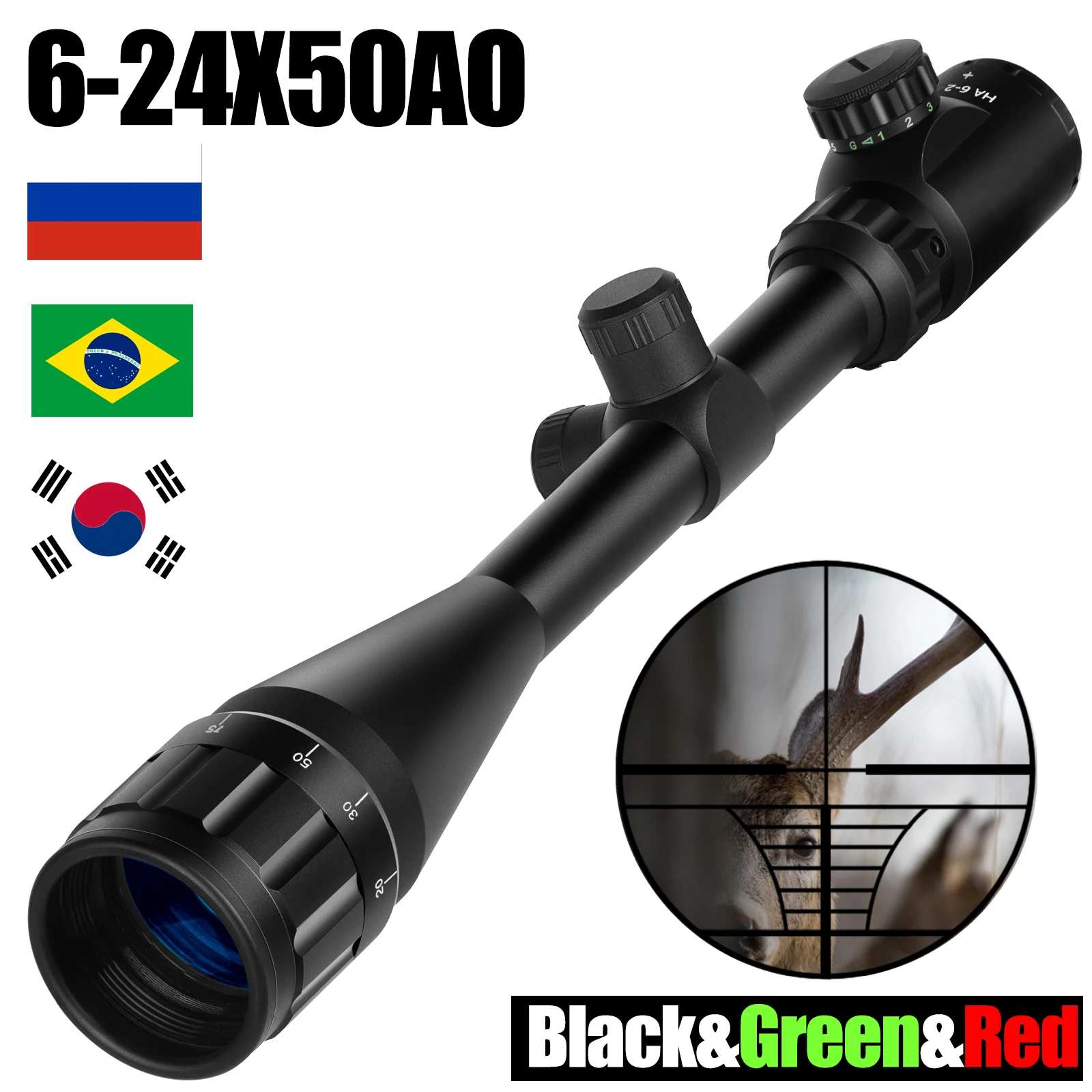 riflescope 6-24X50AOEGHunting Rifle Scope Red&Green Illuminated/Gun Scope with Free Mount/Fully Multi-Coated Lens