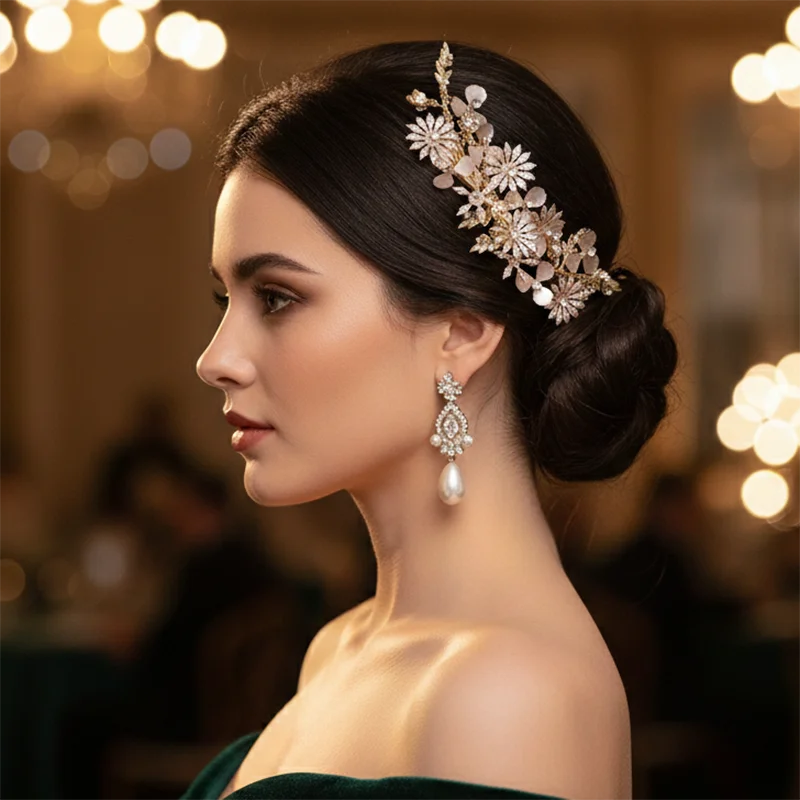 

Изысканный сплав, цветы, стразы, заколка для волос, боковые заколки, золотые аксессуары для волос для женщин, дешевые волосы, свадебный головной убор