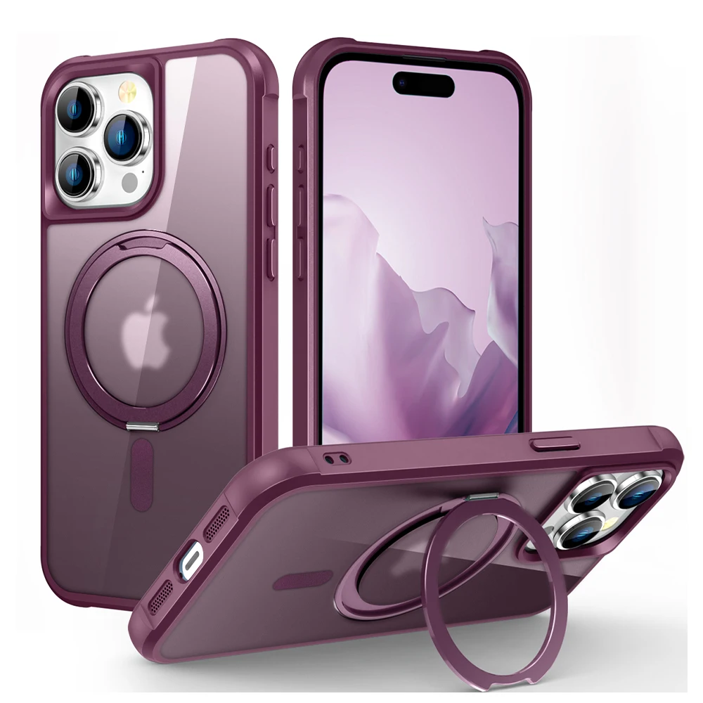 

For iphone 15 14 13 12 11 Magnetic 360°Rotation Stand Phone Case With Magsafe Ring Holder Frosted Transparent Cover