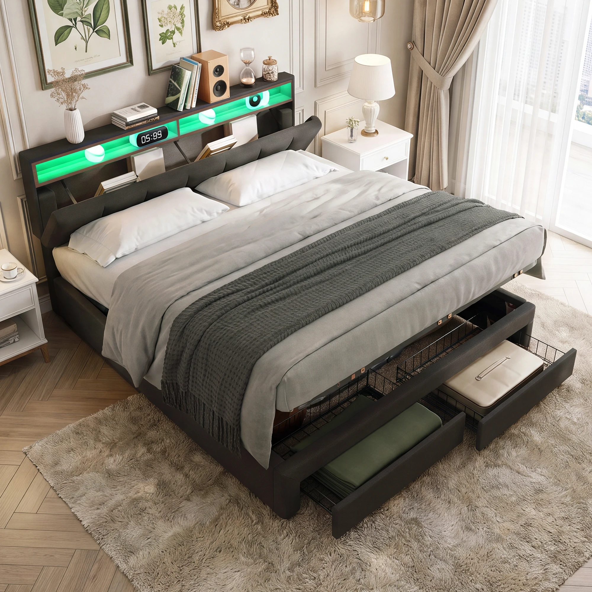 Anajqaqia, letto matrimoniale 180×200 cm, letto imbottito, struttura letto per camera da letto con 2 cassetti ai piedi, letto con meccanismo idraulico, letto moderno e minimalista, letto grande per
