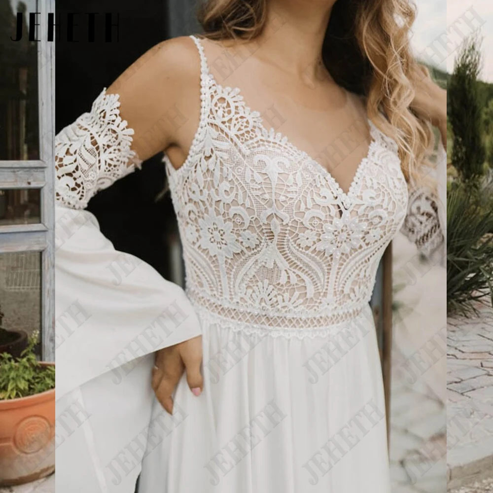 JEHETH Wedding Dress For Women 2023 Bride Boho Detachable Sleeves Lace A Line Bridal Gown Illusion O Neck Chiffon Robe De Mariée