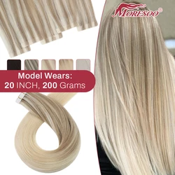 Moresoo Injection Tape Hair Extensions Ash Blonde Highlight Virgin Hair Natural Straight Brazilian Tape in Human Hair Extension