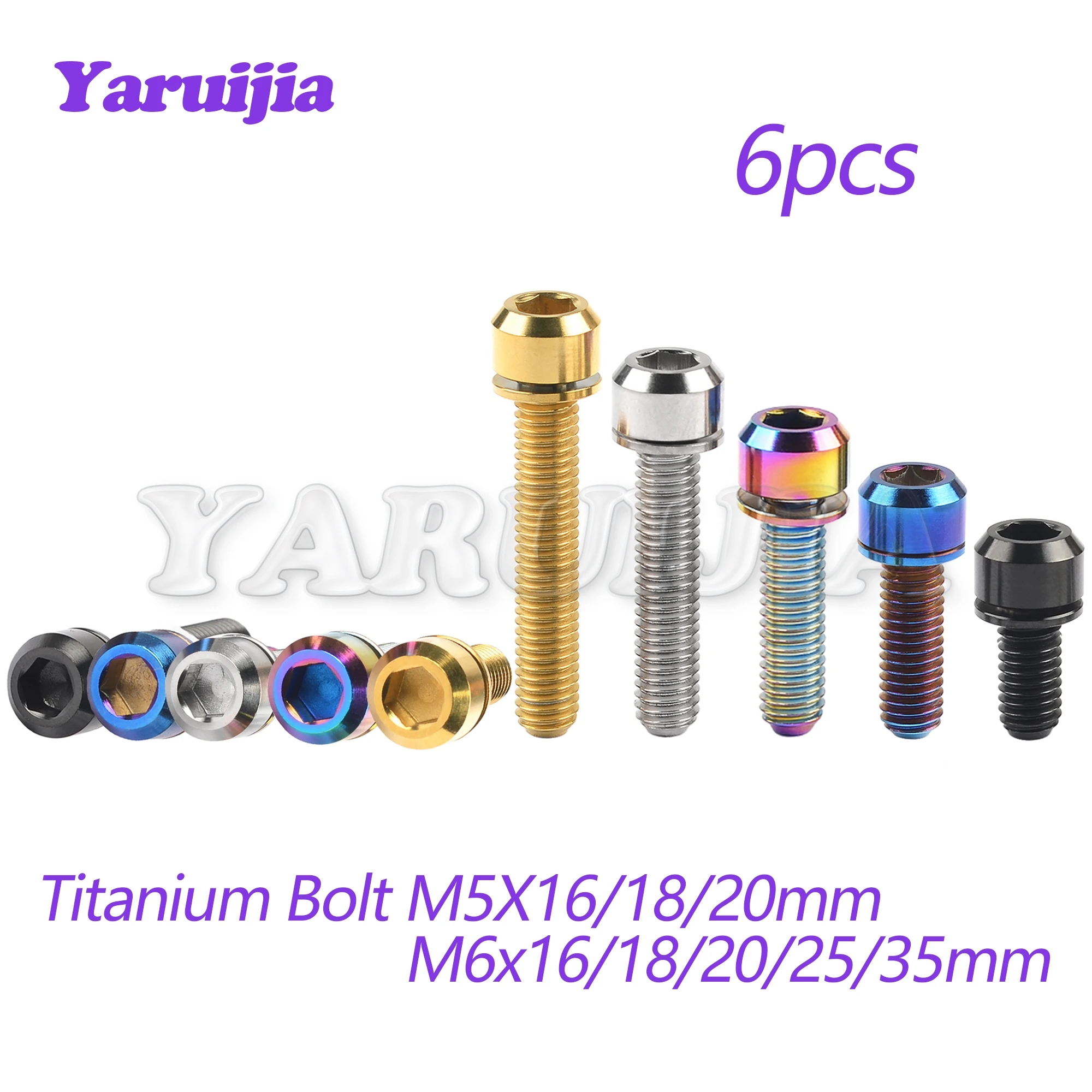 Yaruijia Titanium Bolt Ti M5/M6X16/18/20/25/35mm with Washers for Bicycle Disc Brake Stem Clamp 6pcs