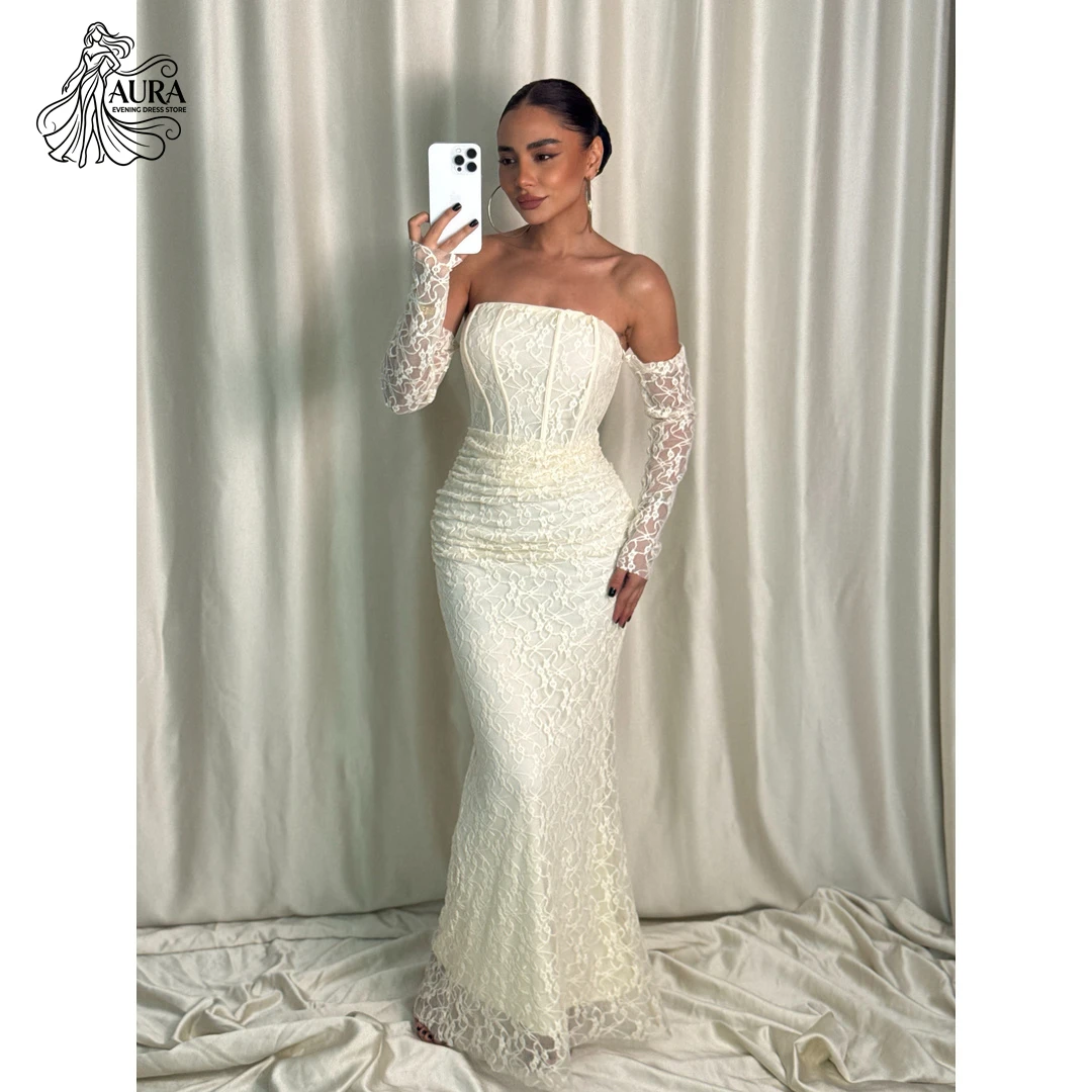 Aura Elegant Dresses Woman White Strapless Long Sleeves Ball Gown Lace Embroidery Evening Dresses Wedding Party Dress Customized