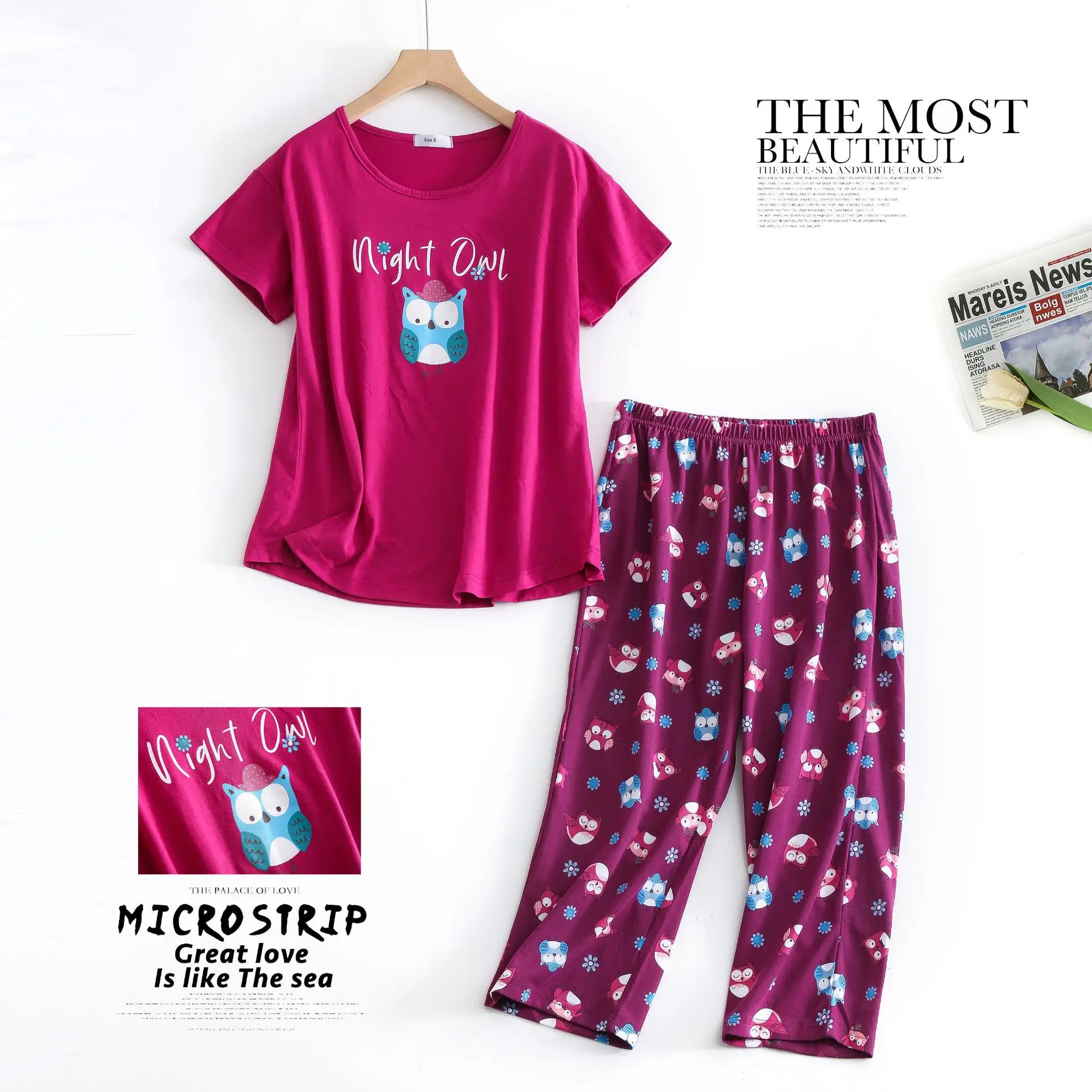 2-Piece Cotton Pajama Set Short Sleeve T-shirt and Long Pants Sexy Summer Casual Cartoon Sleepwear Big Size Options For Moms