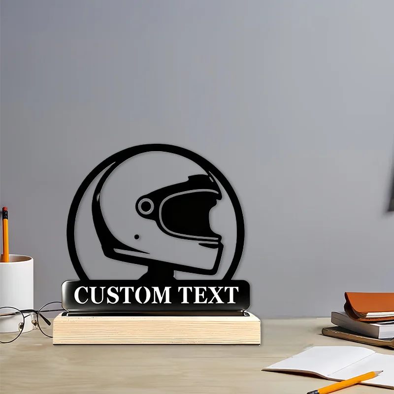 Personalized Racing Helmet Trophy Figure - Custom Name/Number Metal Statues with Wood Base