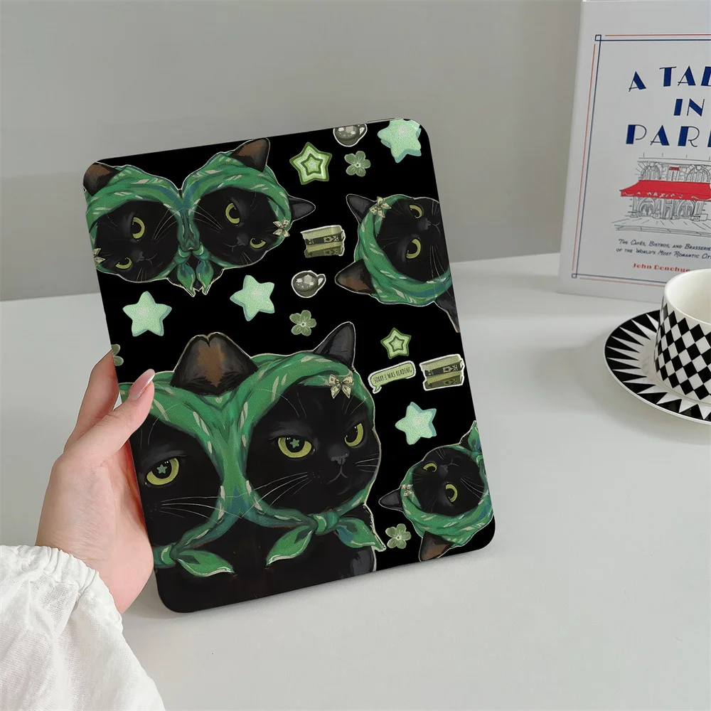 

Cute black green hat cat star suitable for iPad A16 2024 11 inch 2025 Air 5/4 10.9-inch iPad 10 9.7 10.2/10.5 Mini 6/5 with pen