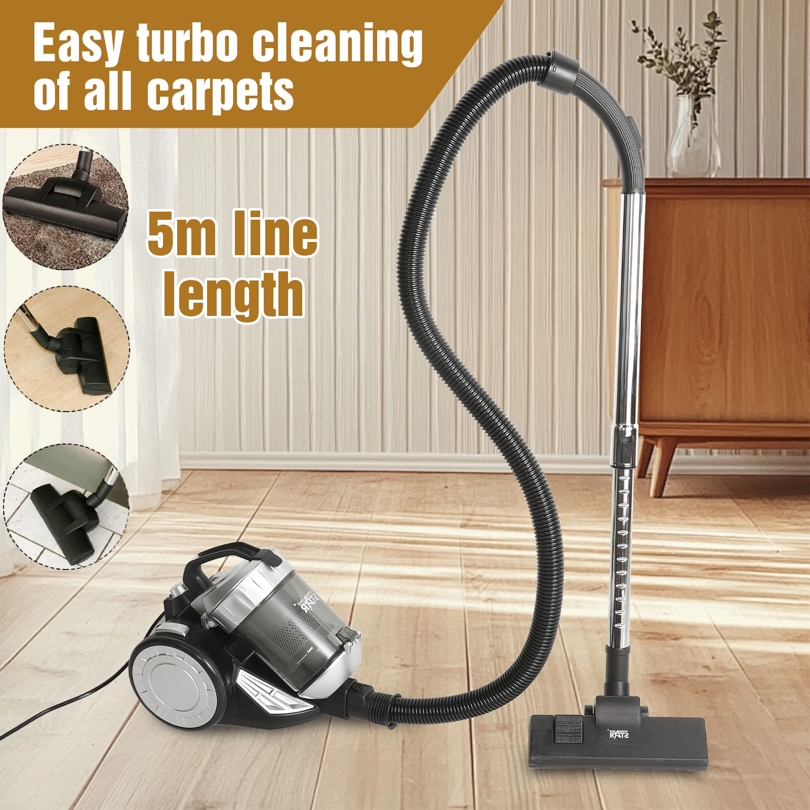 Seeiswork 1200W Aspirapolvere senza sacchetto ad alta potenza Aspirapolvere con filtrazione multicyclonica con anima per pavimenti duri Peli di animali domestici 220V