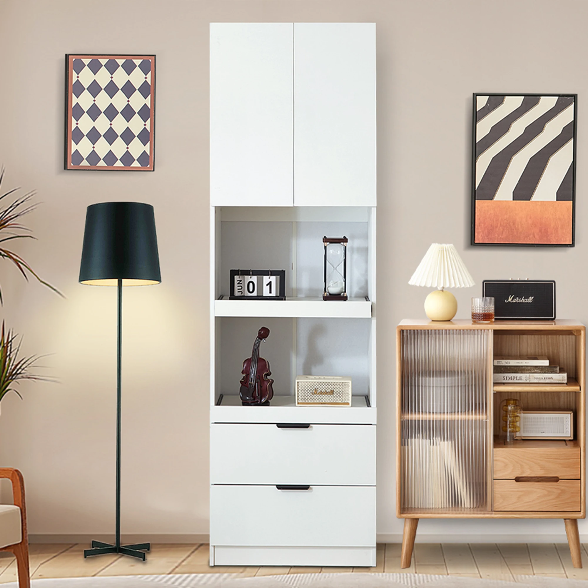 Credenza bianca autoportante, mobile buffet multifunzionale da cucina, armadio e credenza con ante, cassetti e ripiani aperti, perfetta per sala da pranzo, soggiorno e decorazione domestica