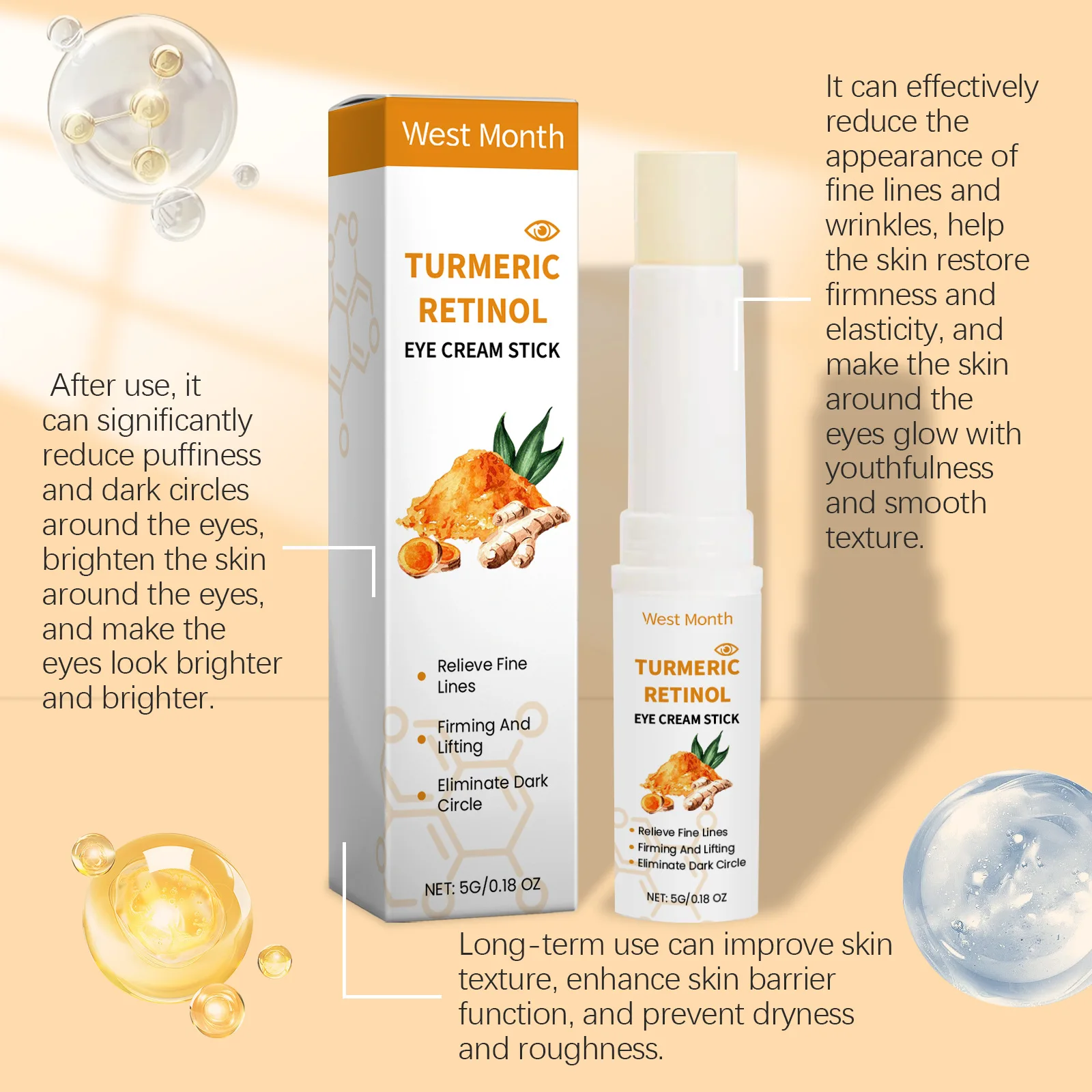 West Month 5g Turmeric Retinol Remove Dark Circles Eye Cream Stick  Anti Eye Bags Puffiness Brightener Moisturizing Eye Cream