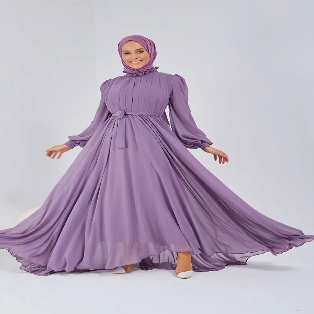 Women's Lilac Balloon Sleeve Waist Elastic Chiffon Evening Maxi Hijab Tailad Dress Dubai Robe Longue Femme Islam Caftan Muslim