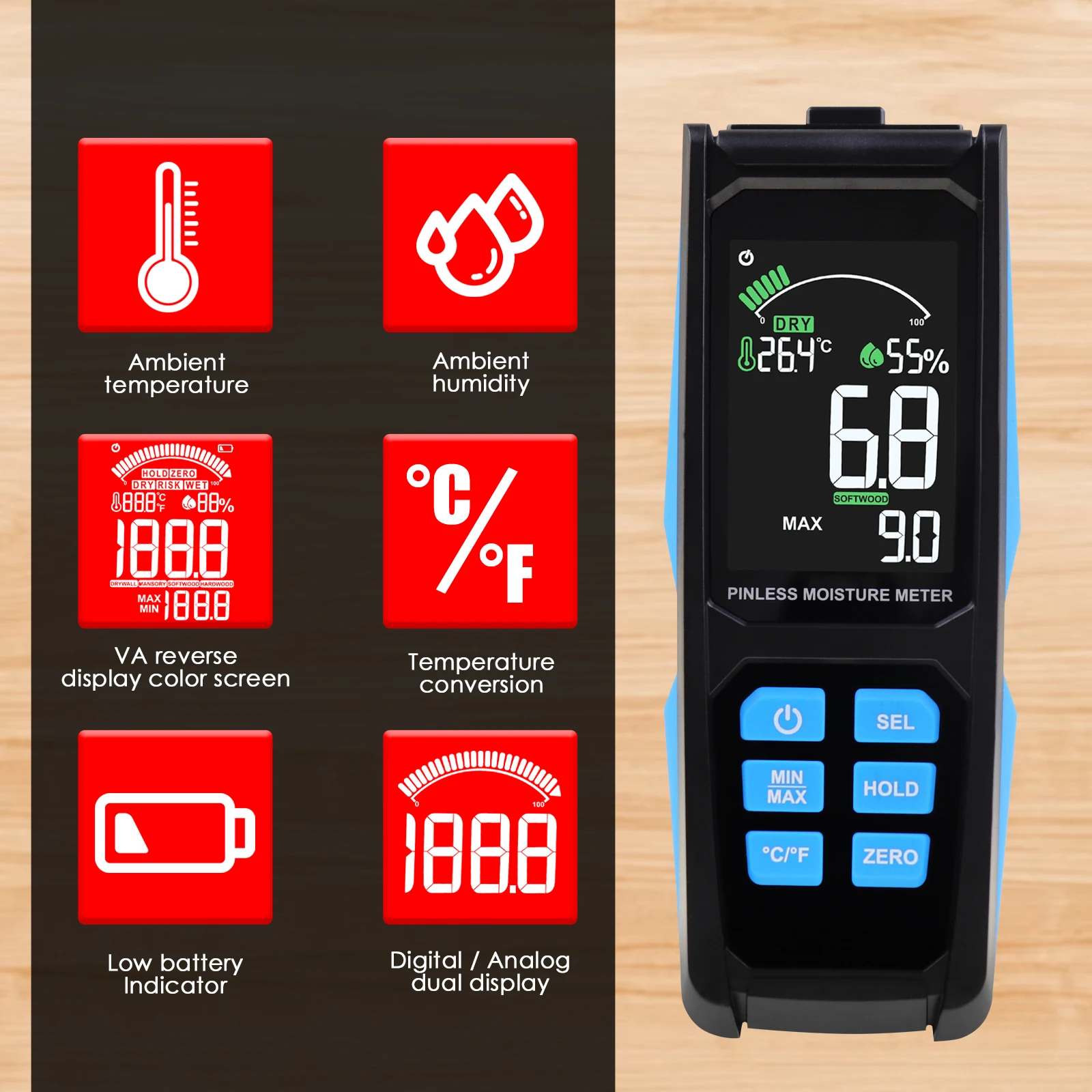Digital Non-destructive Wood Moisture Meter For Drywall, Masonry, Softwood, Hardwood, VA Reverse Color Screen Display