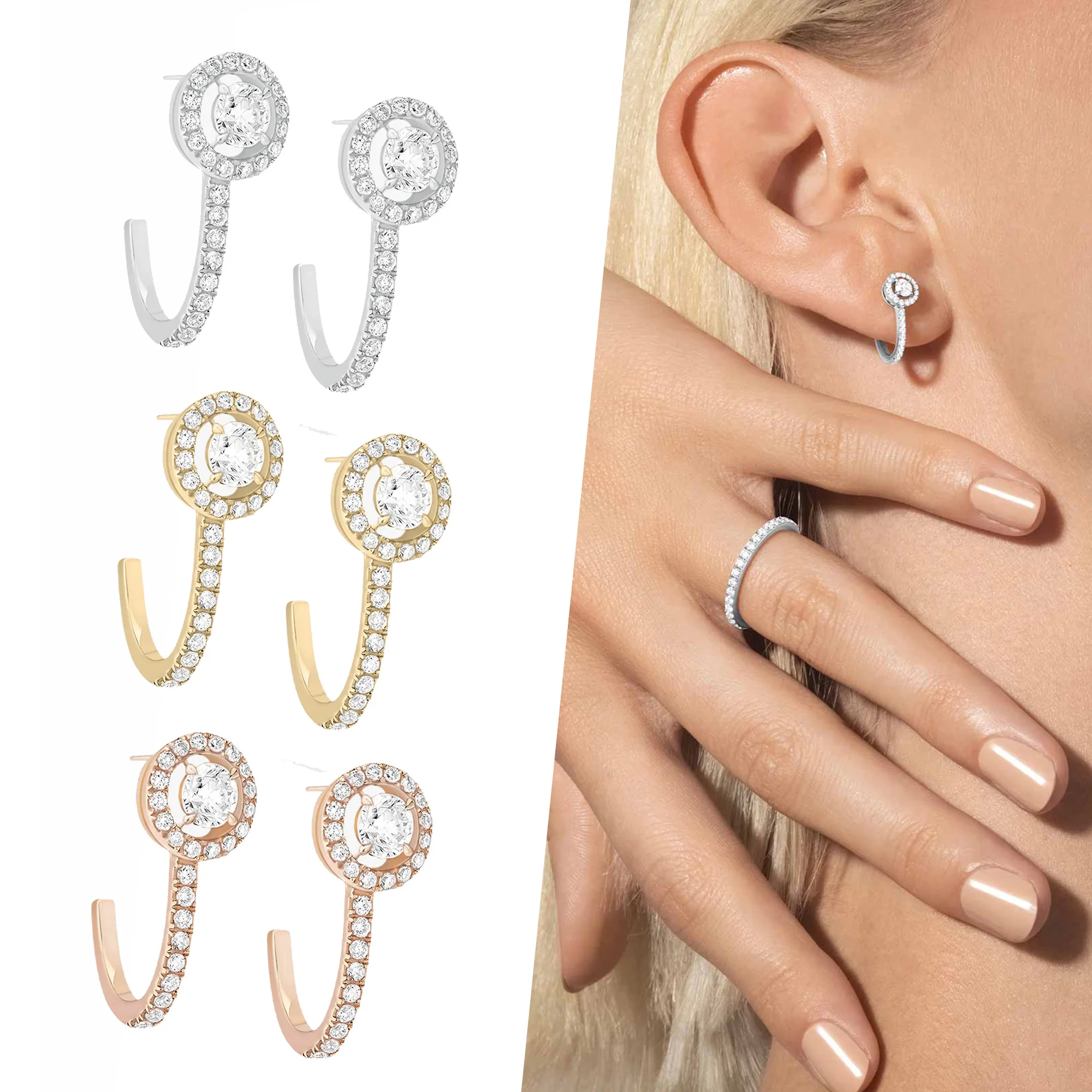 

Sterling Silver s925 Gold Diamond Circle Half Round Sparkling Radiant Diamond Set Exquisite Earrings for Women