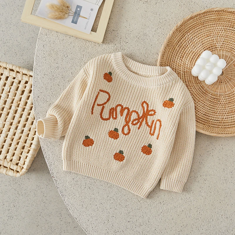 

Suefunskry Baby Girls Boys Halloween Sweater Long Sleeve Round Neck Pumpkin Letter Embroidery Knitted Fall Winter Pullover Tops