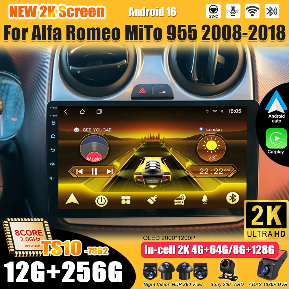 Radio para Auto Android 16 para Alfa Romeo MiTo 955 2008-2018, Reproductor Multimedia 2 DIN, GPS, Navegación, Mirror Link, 8 Núcleos, Wifi, 4G