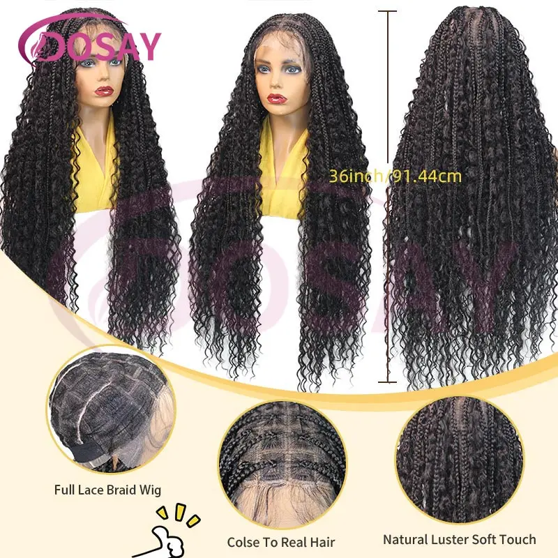 الاصطناعية 36 "الدانتيل الكامل بوهو شعر مستعار مضفر مجعد ينتهي عقدة صندوق الضفائر شعر مستعار للنساء السود 1B27 شقراء آلهة الضفائر شعر مستعار #5