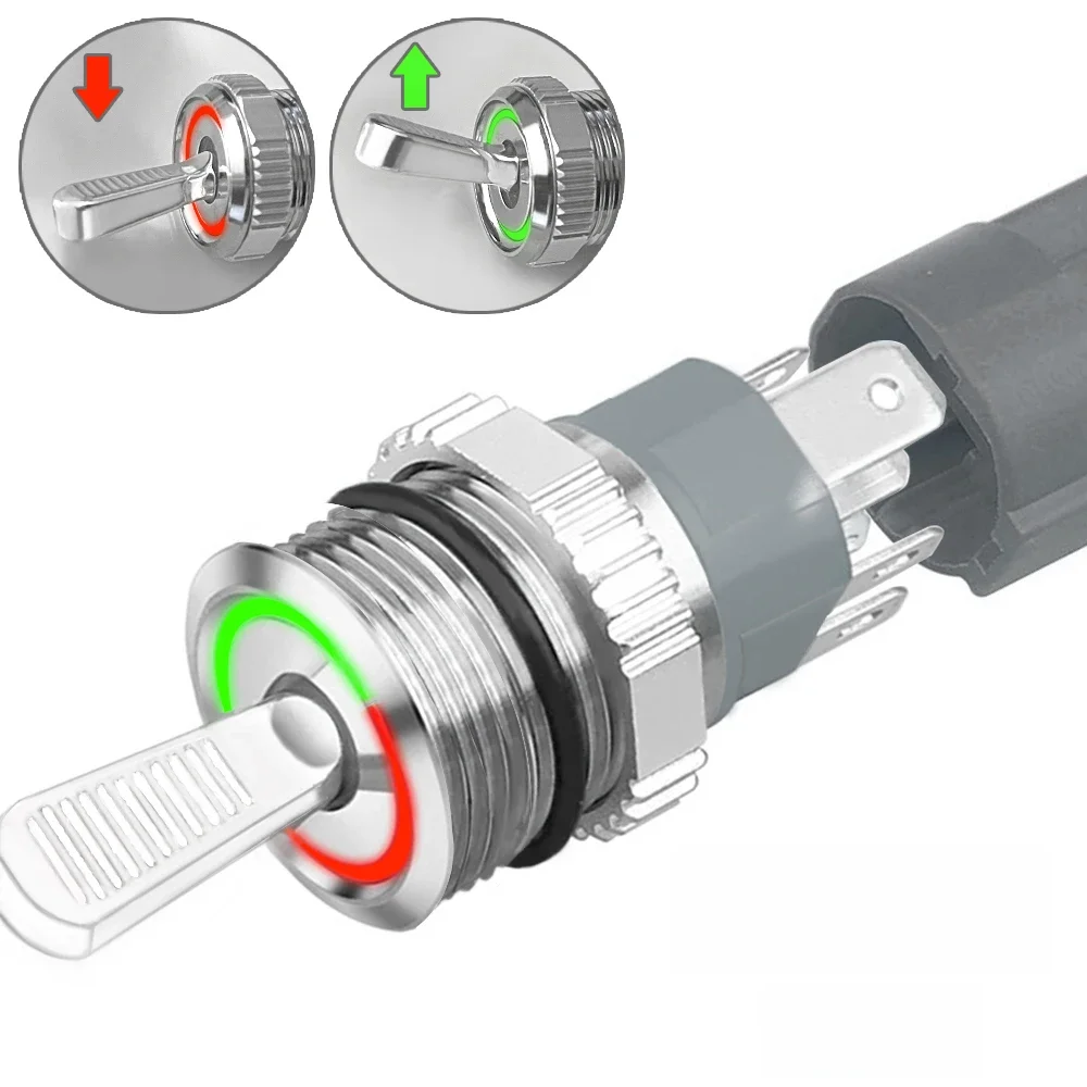 Interrupteur à bascule à bouton métallique de 16MM, avec prise ON OFF, indicateur LED de verrouillage étanche 10A, courant élevé rouge vert 5V 12V 24V 220V