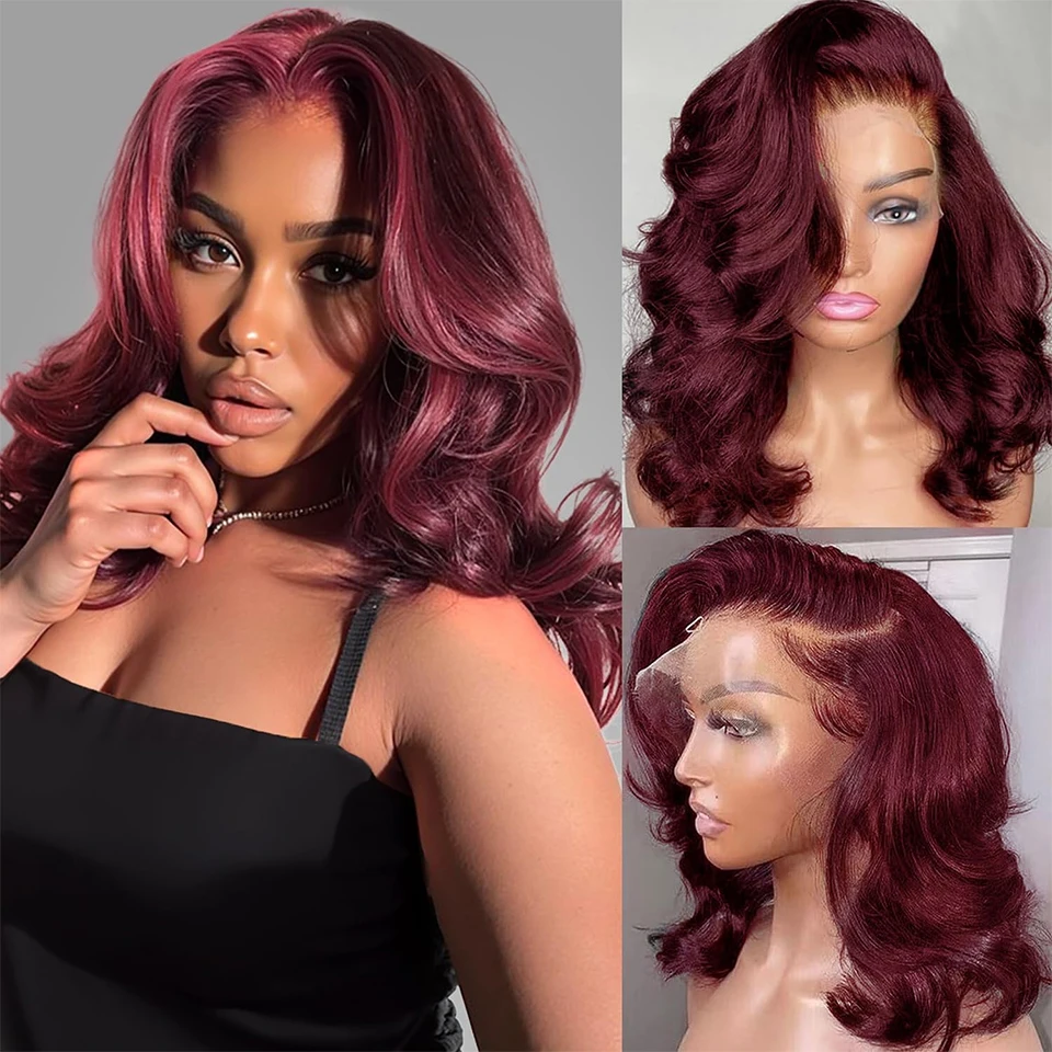14 Inch Burgundy Bob Wig Human Hair 13x4 99j Burgundy Lace Front Wigs Human Hair Bob Wigs For Black Women 180% Density 99j 13x4 Hd Transparent Lace Front Body Wave Wigs Pre Plucked view 2