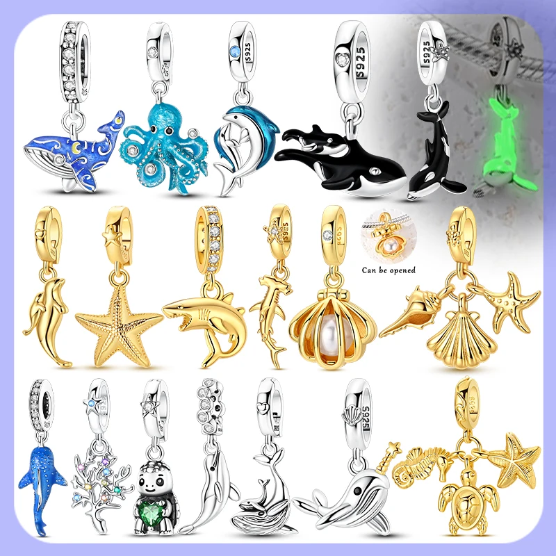 Nuevo Charm de Plata de Ley 925 con Colgante de Ballena, Tiburón, Delfín y Concha Brillante, Compatible con Pulseras Originales, Regalo de Joyería DIY