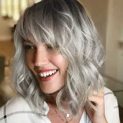 Short Wavy Bob Wig with Bangs Grey Wigs Natural Ombre Silver Wig Synthetic Hair Shoulder Length Short Curly Wigs for Women